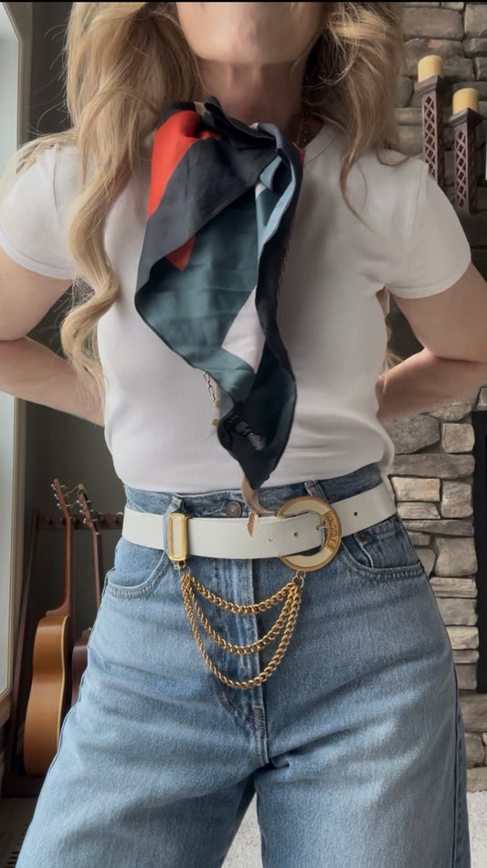 White & Gold Enamel Leather Chain Belt—1980’s St. John