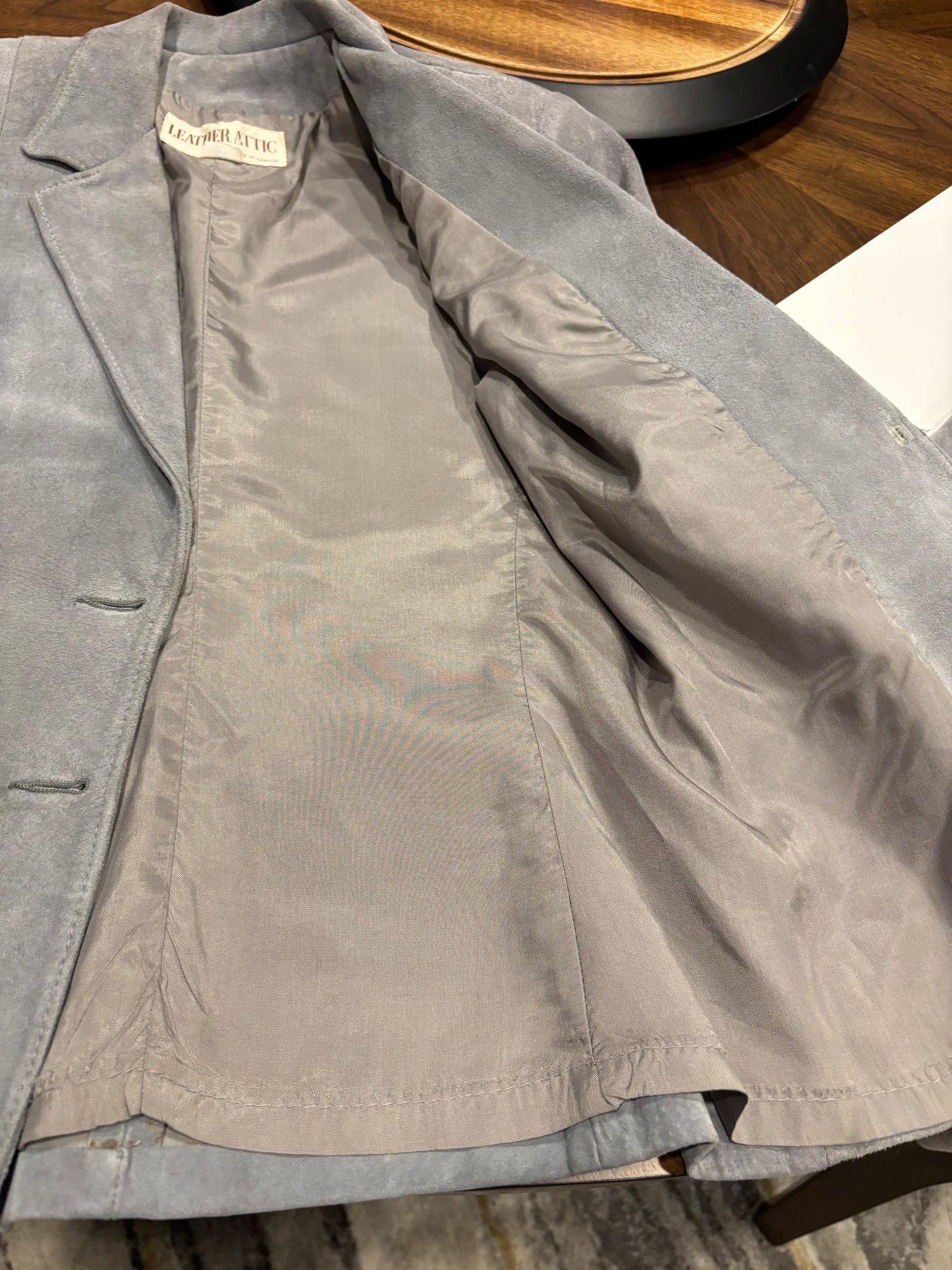 Vintage Canadian Blue Grey Suede Blazer – Chevron Detail Leather Attic