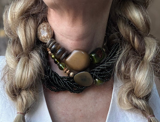 80’s Chunky Statement Necklace Jasper Green Glass Beads—Studio Artist