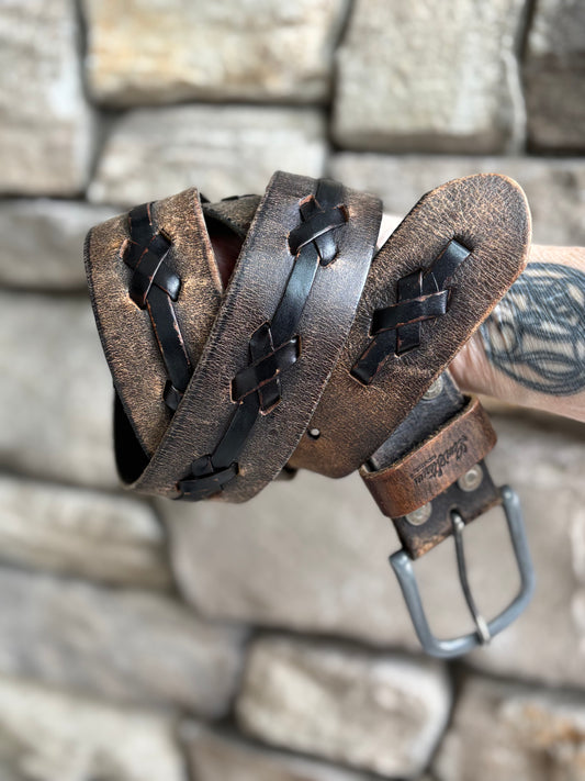 Distressed Leather Belt With Braided X Stitch