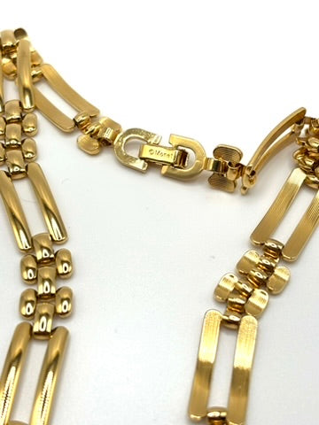 Vintage Monet Gold Tone Panther Bar & Bead Link Collar Necklace | Statement Chain
