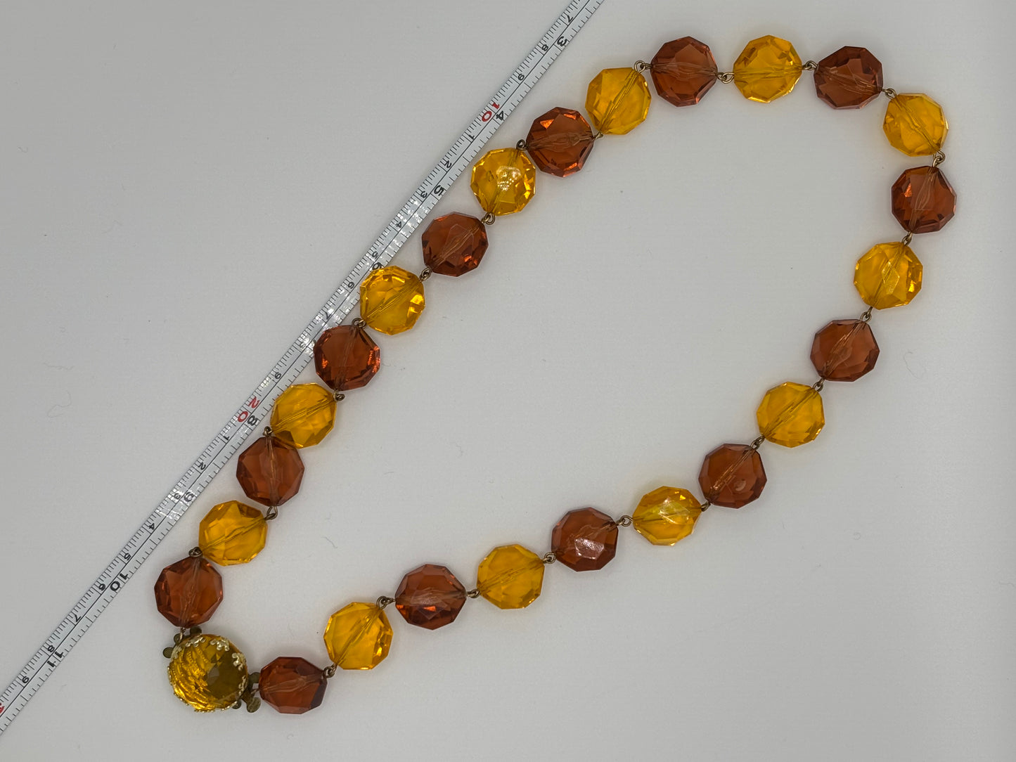Vintage West Germany Amber Lucite Beaded Necklace – Chunky Faceted Gold & Cognac Tones