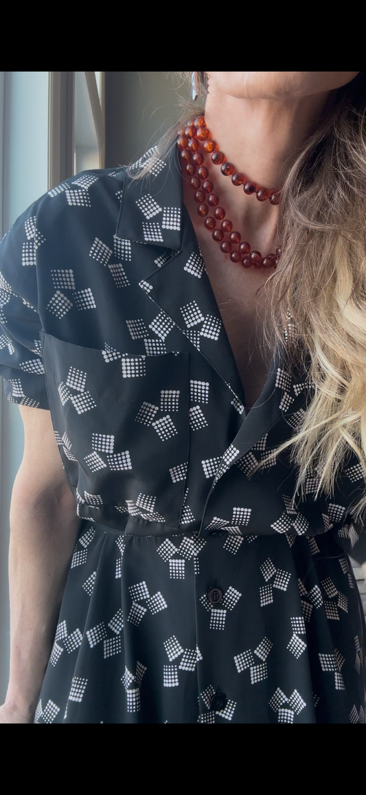 Vintage Claiborne Shirt Dress With Full Skirt — Offset Geometric Pattern