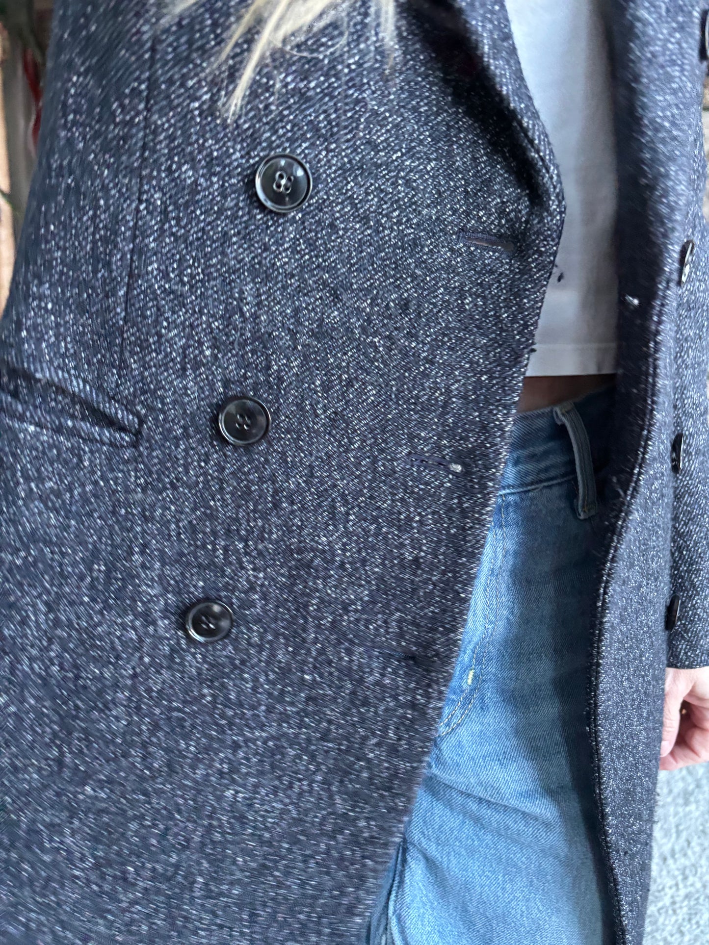 Club Monaco Italian Wool Double Breasted – Charcoal Blue Top Coat, XS