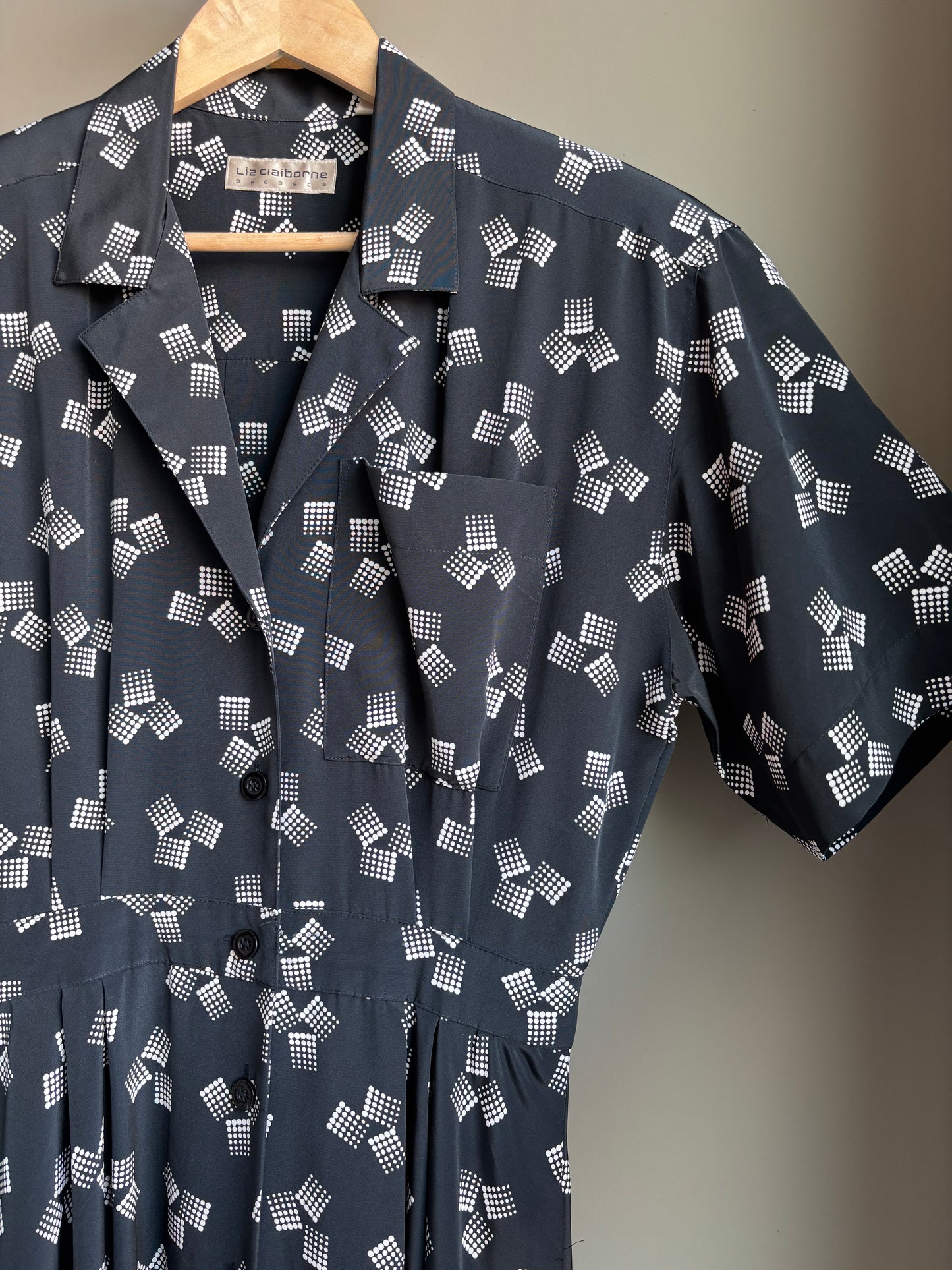 Vintage Claiborne Button-Down Fit & Flare Shirt Dress With Full Skirt — Offset Geometric Pattern–Sz 10