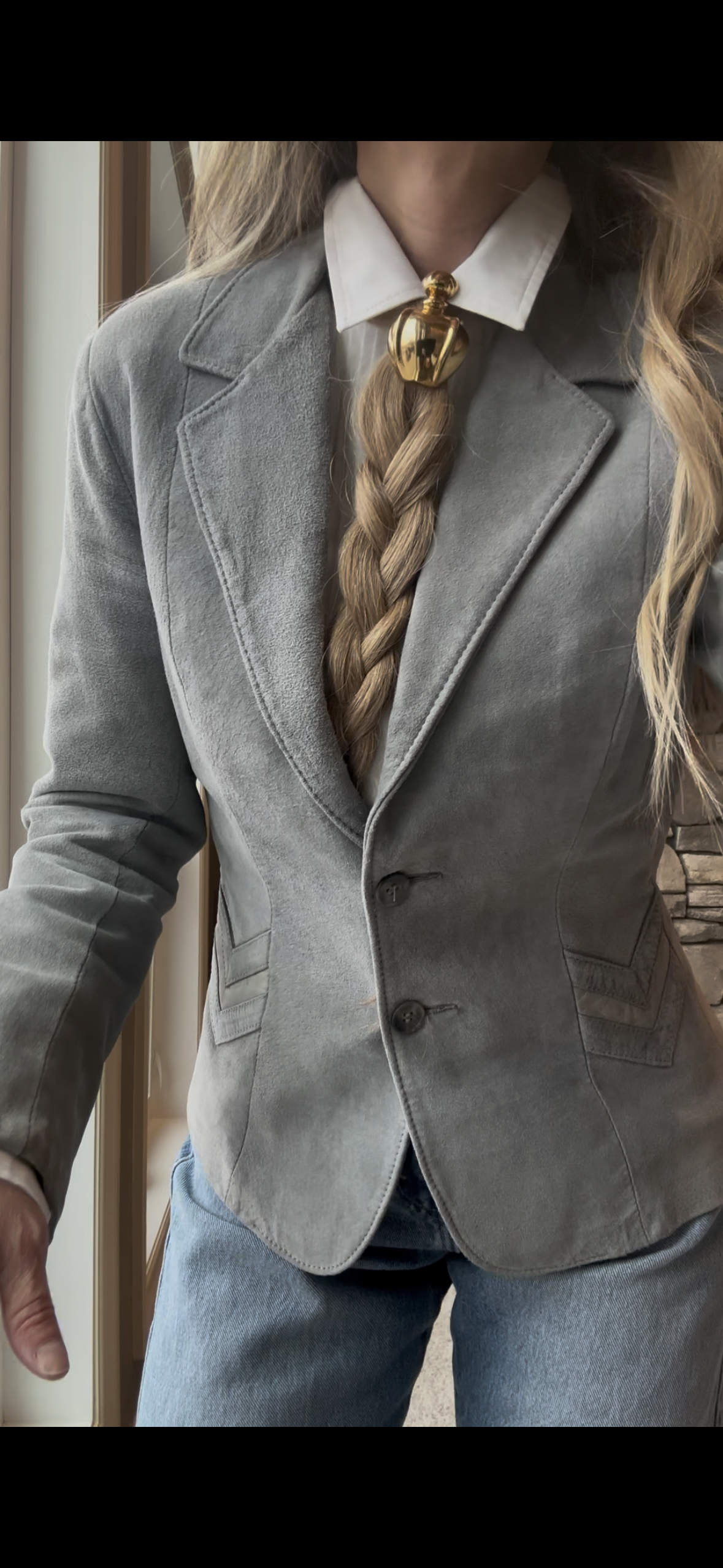 Vintage Canadian Blue Grey Suede Blazer – Chevron Detail Leather Attic