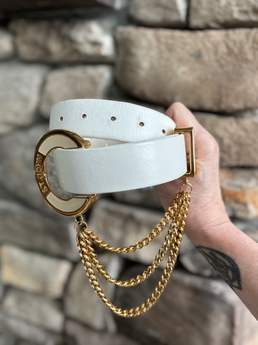 White & Gold Enamel Leather Chain Belt—1980’s St. John