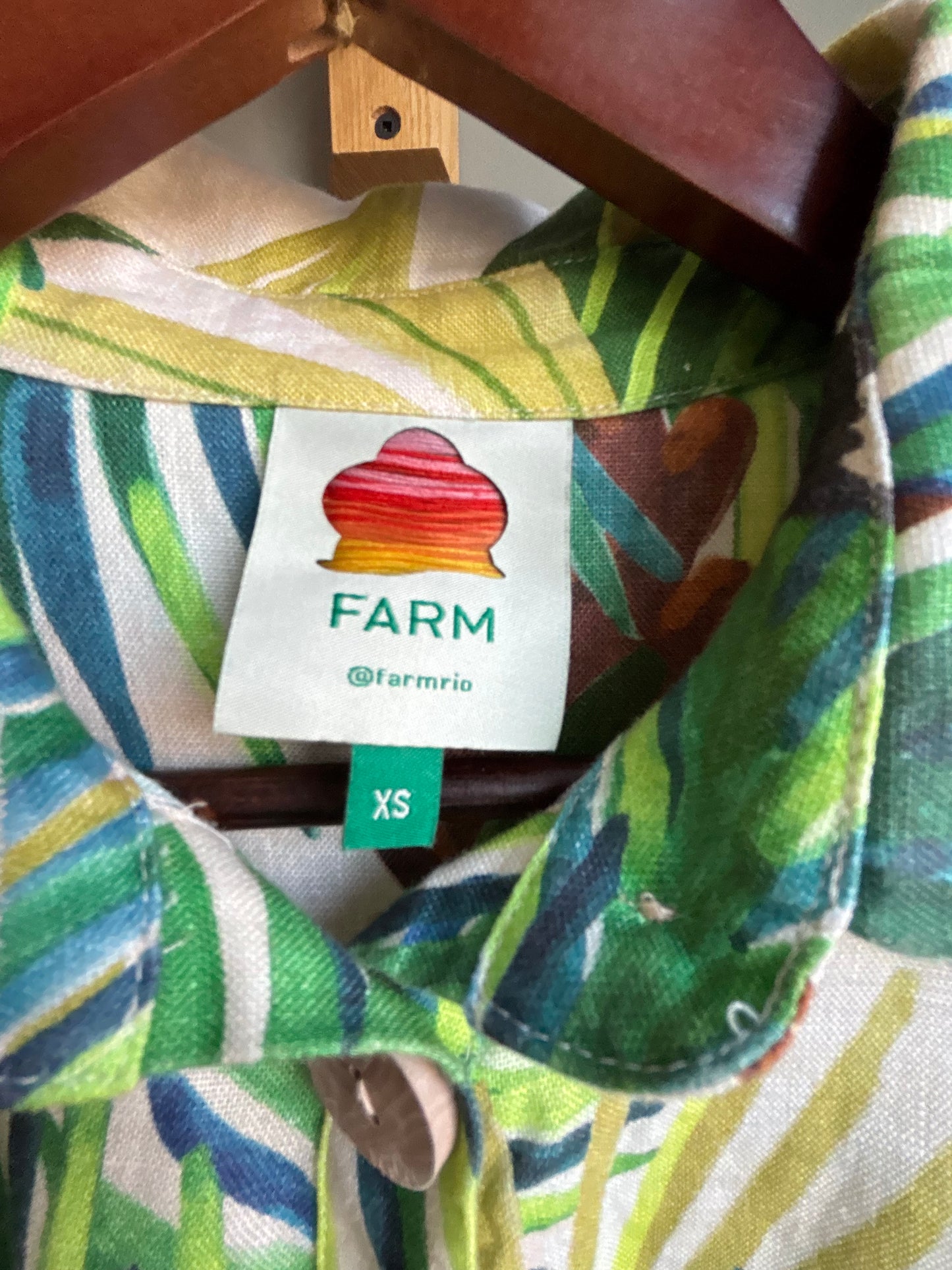 Farm Rio Linen Romper — Tropical Toucan Print, Shirt Dress Silhouette, XS