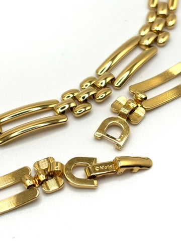 Vintage Monet Gold Tone Panther Bar & Bead Link Collar Necklace | Statement Chain