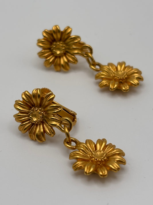 Vintage Kenzo Daisy Drop Clip-On Earrings — Gold Tone — Screw Back