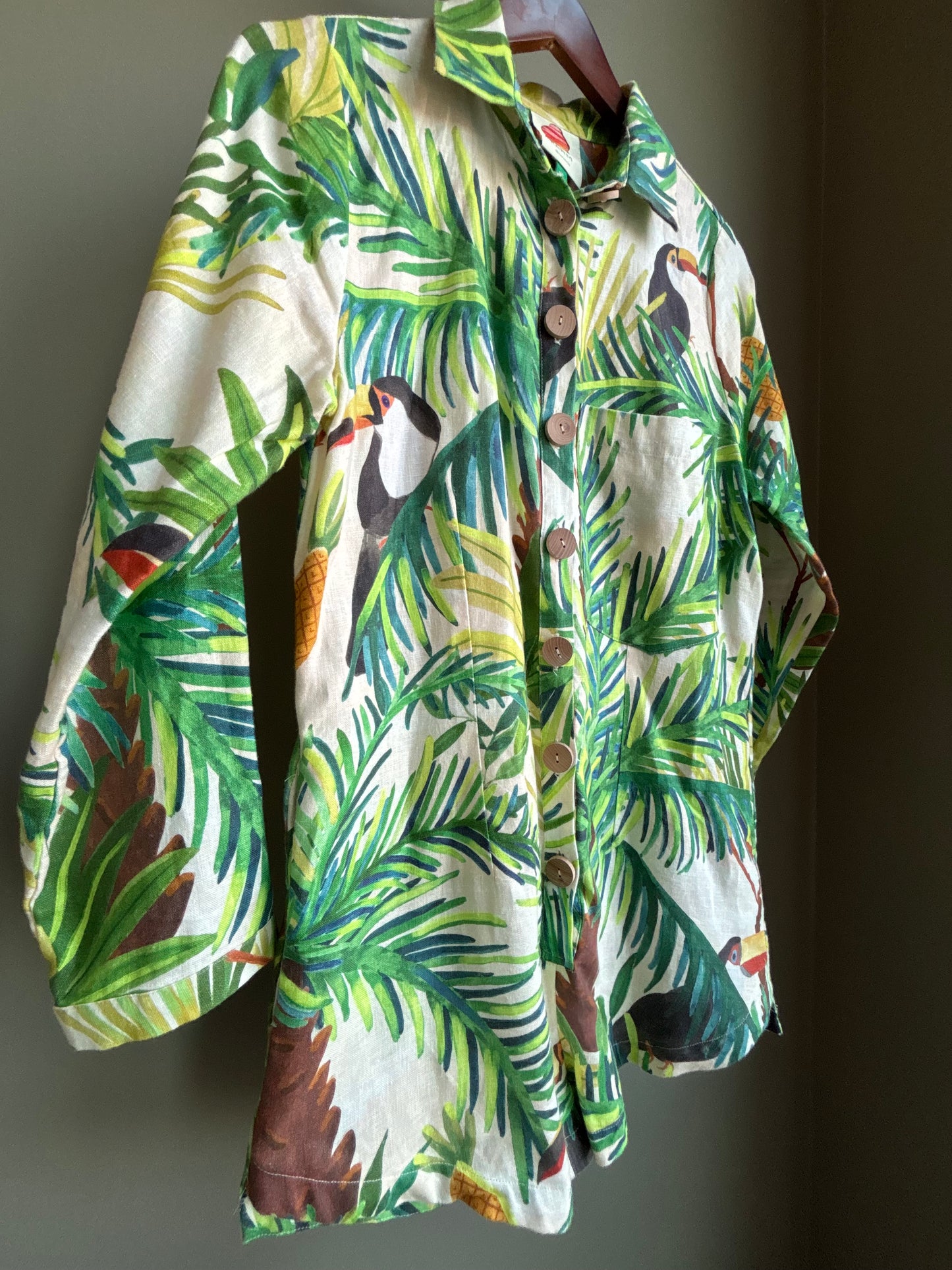 Farm Rio Linen Romper — Tropical Toucan Print, Shirt Dress Silhouette, XS