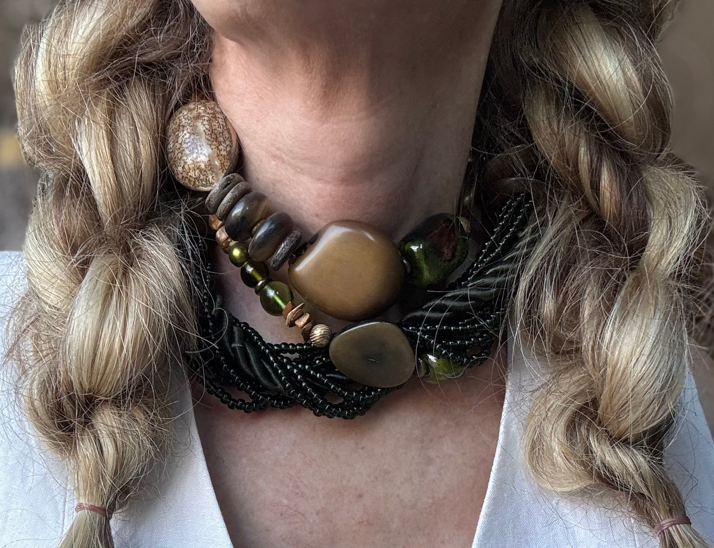80’s Chunky Statement Necklace Jasper Green Glass Beads—Studio Artist