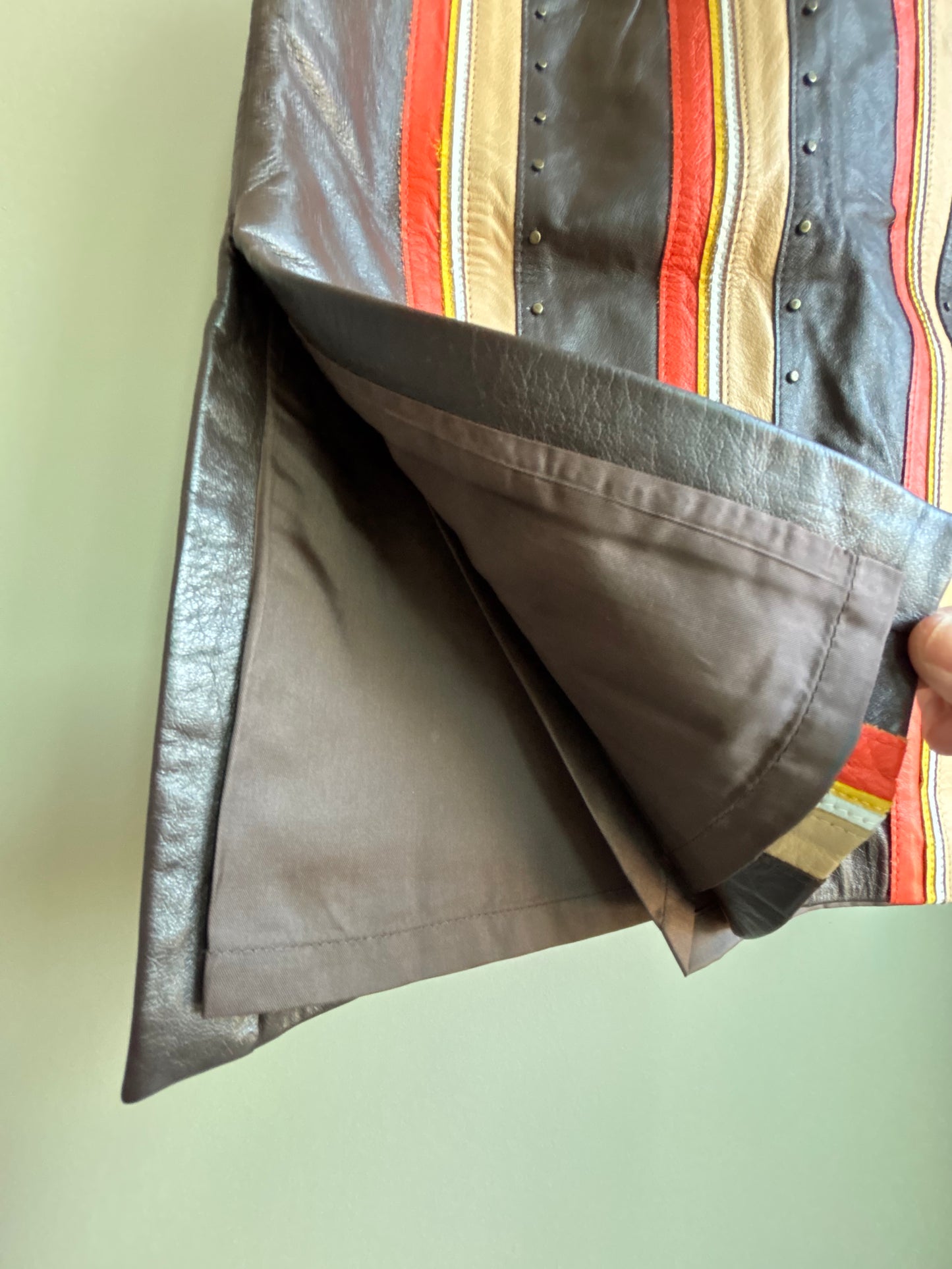 Vintage Mod Striped Leather Skirt with Brass Stud Detail—XS