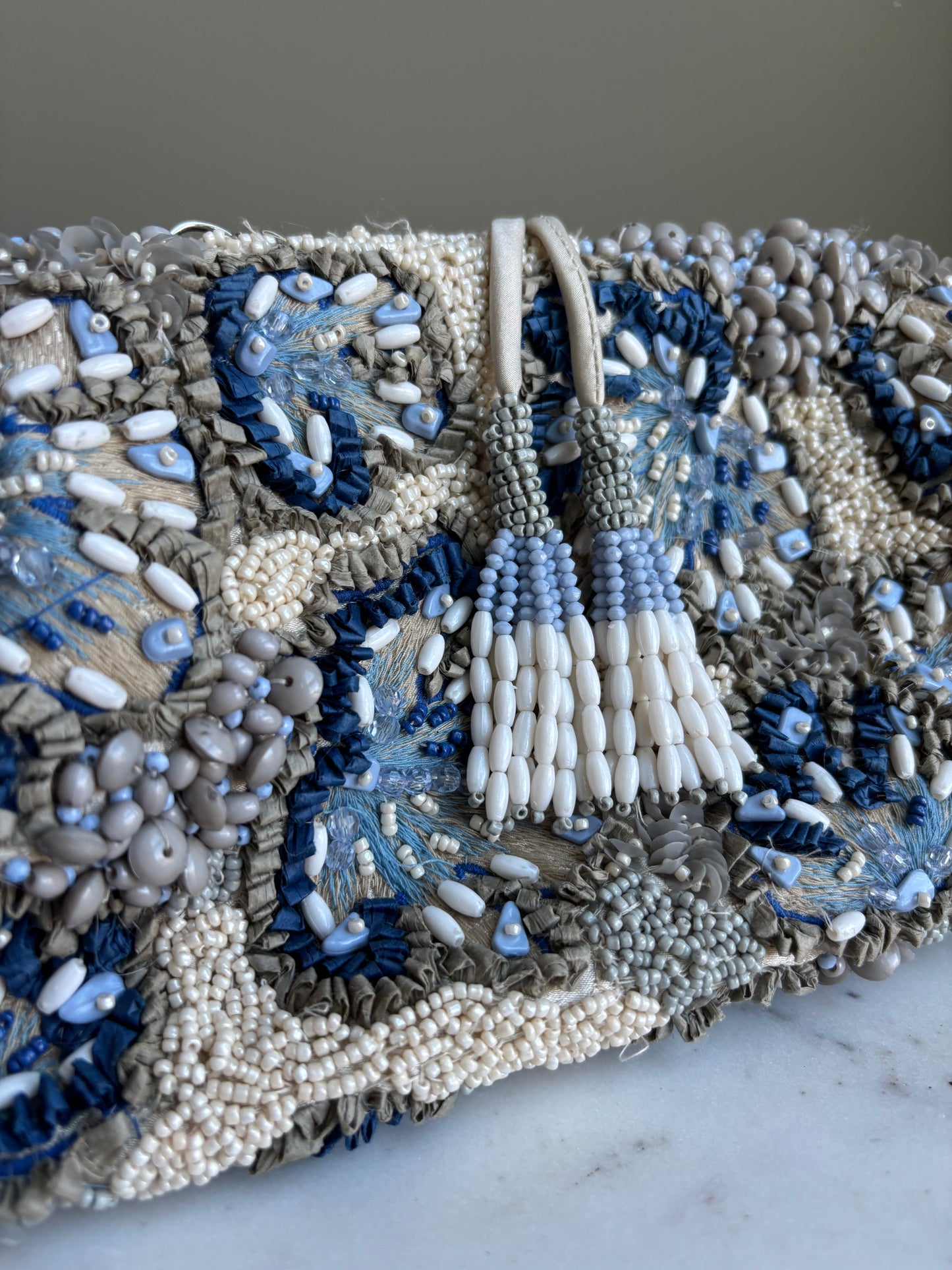 Beaded & Sequinned Clutch Bag with Chain Strap – Blue & Ivory Jaw Close