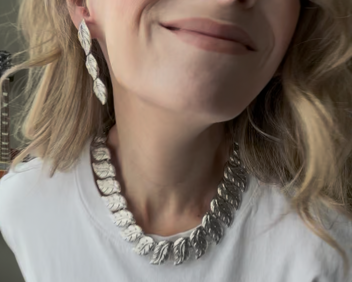 Vintage Botanical Leaf Statement Necklace & Earrings — 3 Pce Set