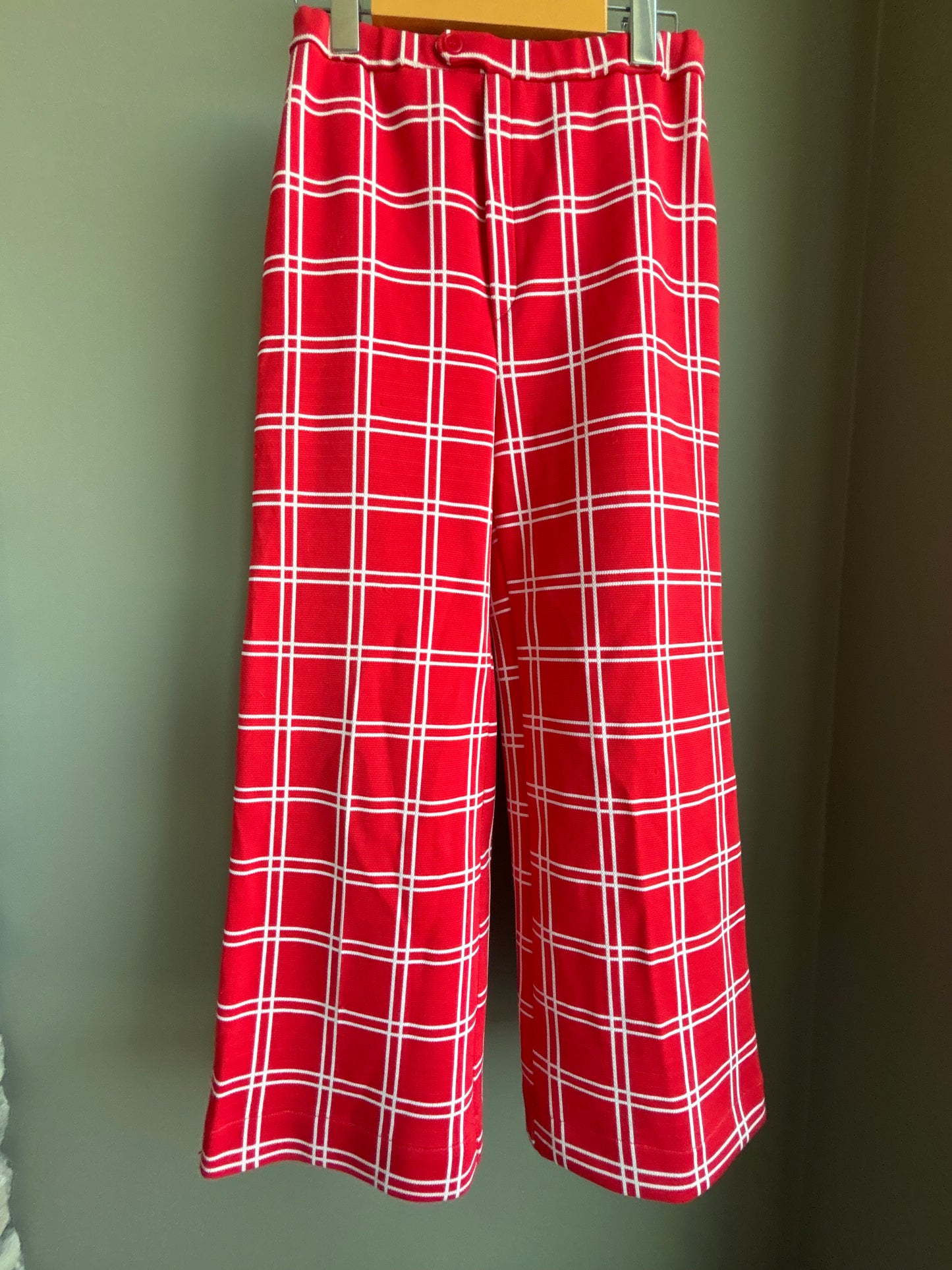 70s Cropped Trousers — Red Windowpane Plaid Checker Pants— S/XS