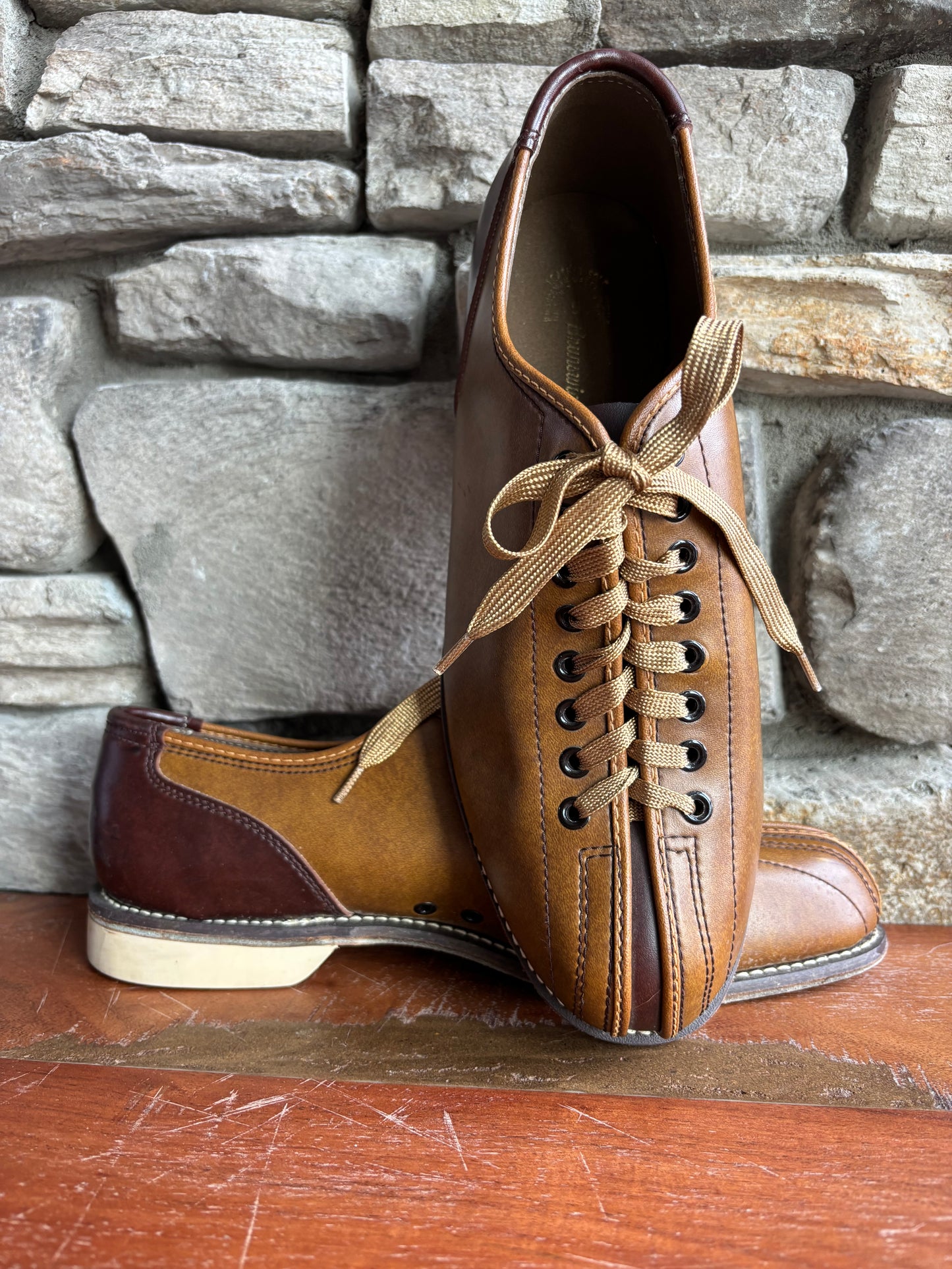 Vintage Brunswick Bowling Shoes — Two-Tone Cognac & Espresso, Split Toe, Size 9 menswear