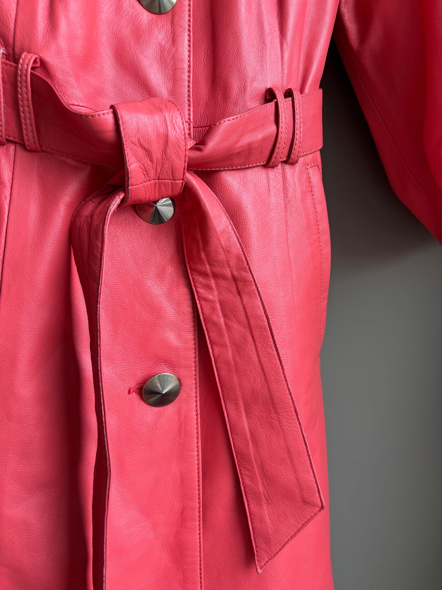 Vintage Ramses Leather Dress Coat—Flamingo Pink, Belted—M