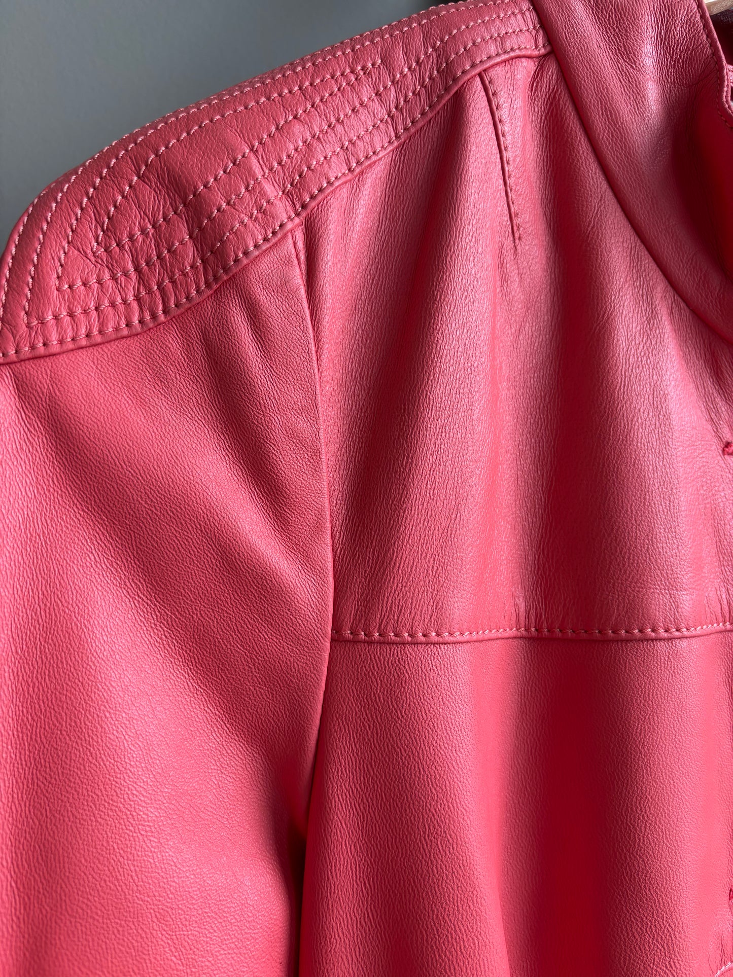 Vintage Ramses Leather Dress Coat—Flamingo Pink, Belted—M