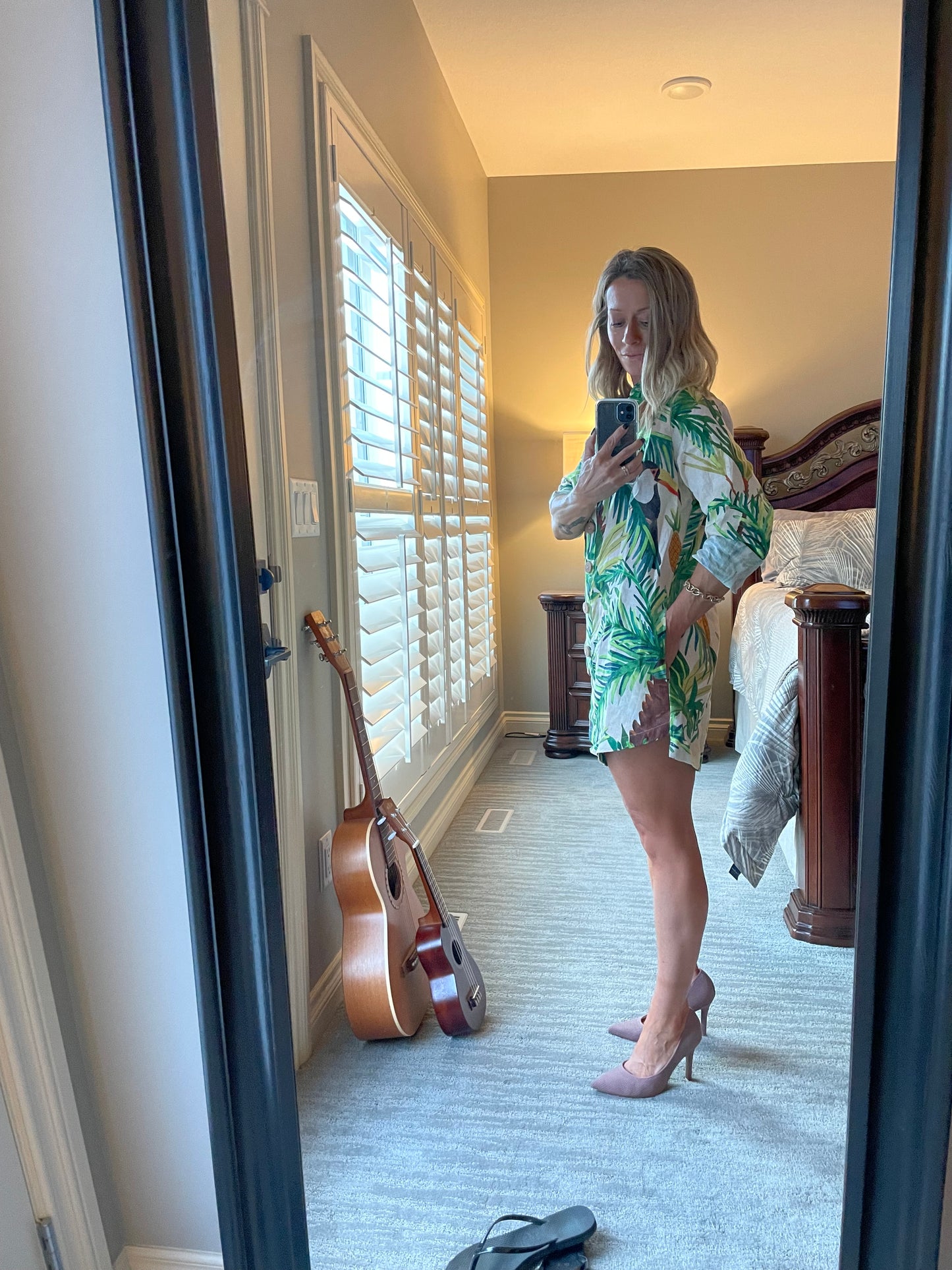 Farm Rio Linen Romper — Tropical Toucan Print, Shirt Dress Silhouette, XS