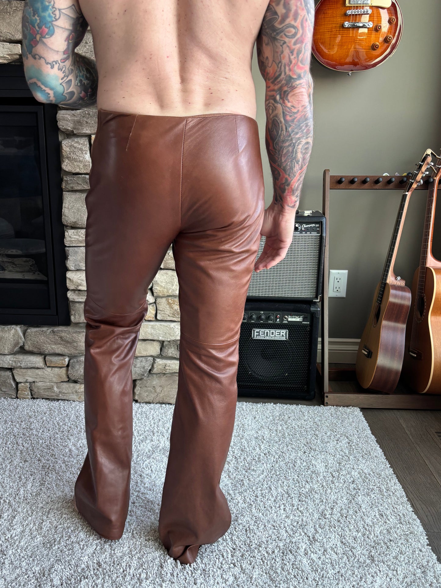 Vintage Cognac Brown Leather BootCut Pants