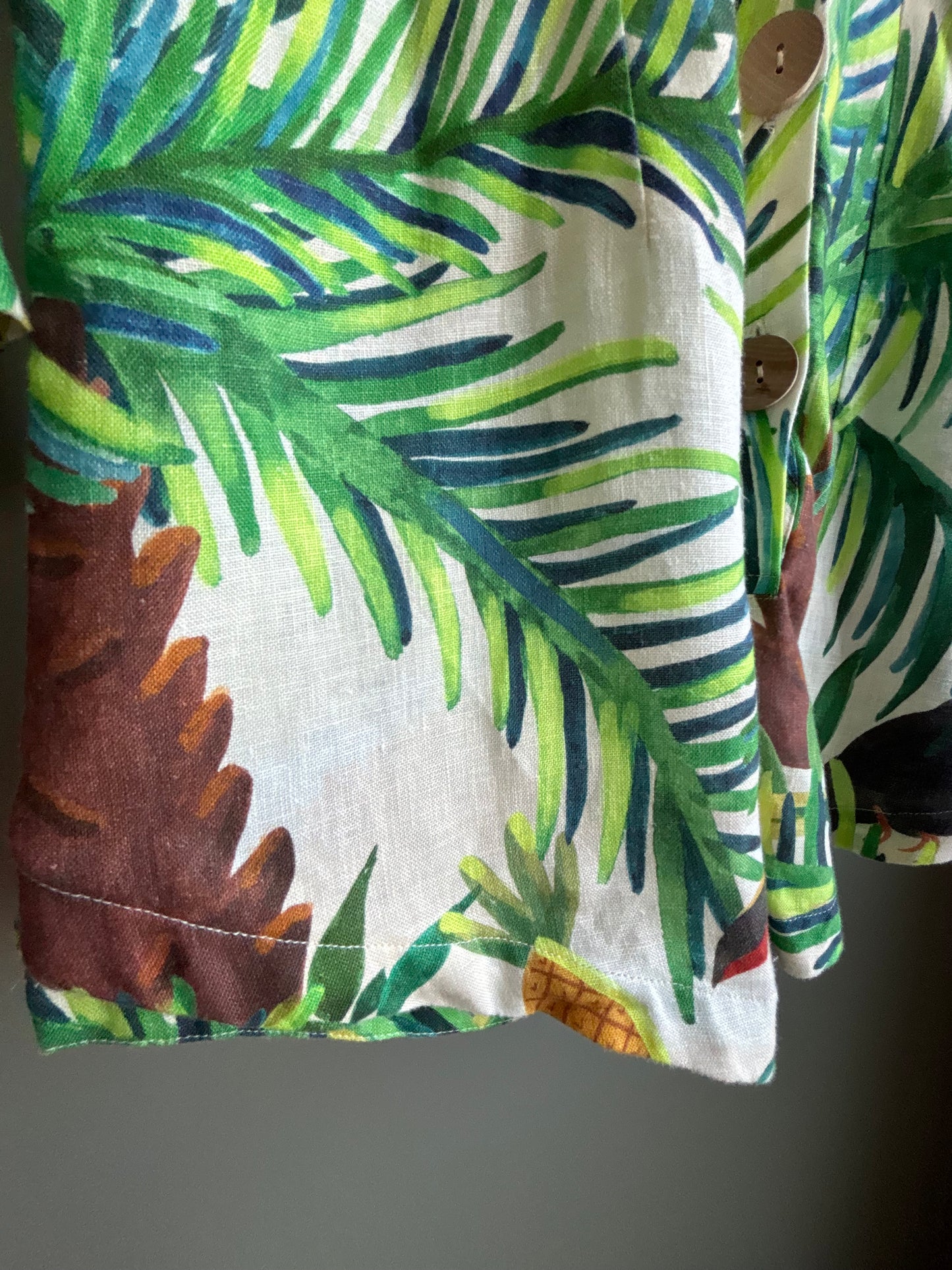 Farm Rio Linen Romper — Tropical Toucan Print, Shirt Dress Silhouette, XS