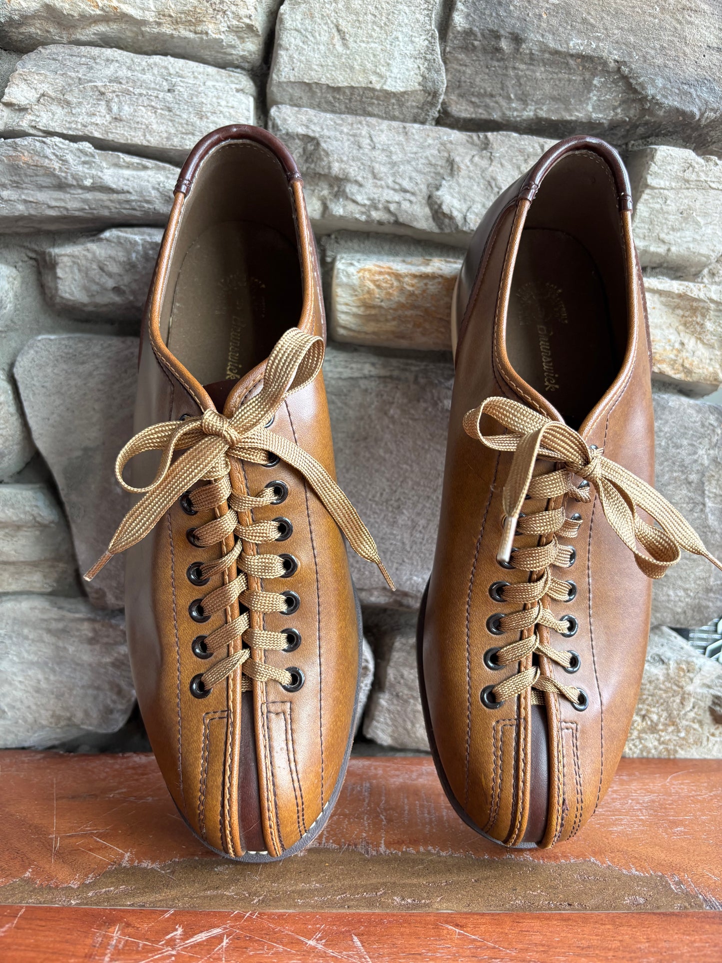 Vintage Brunswick Bowling Shoes — Two-Tone Cognac & Espresso, Split Toe, Size 9 menswear