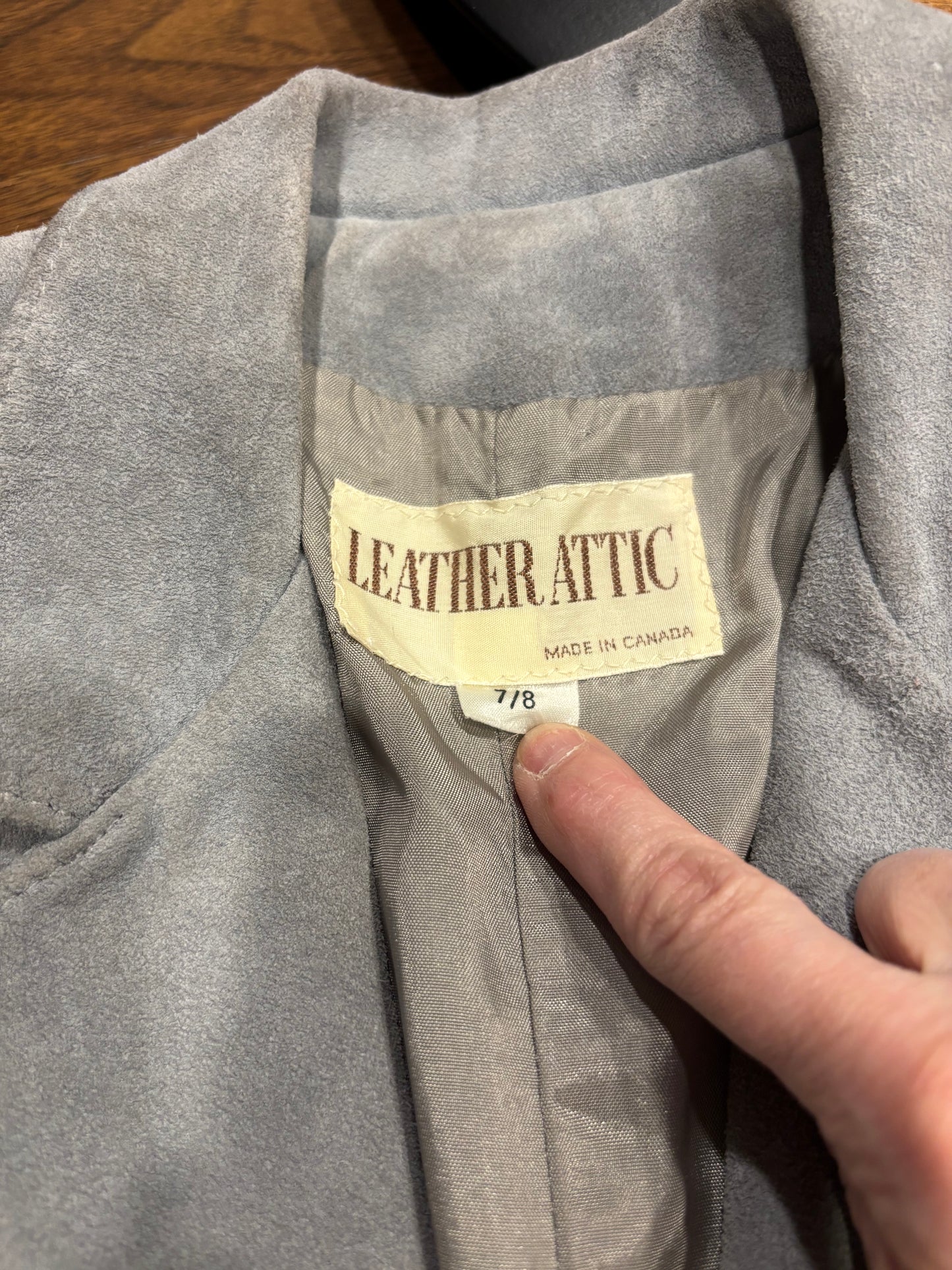 Vintage Canadian Blue Grey Suede Blazer – Chevron Detail Leather Attic