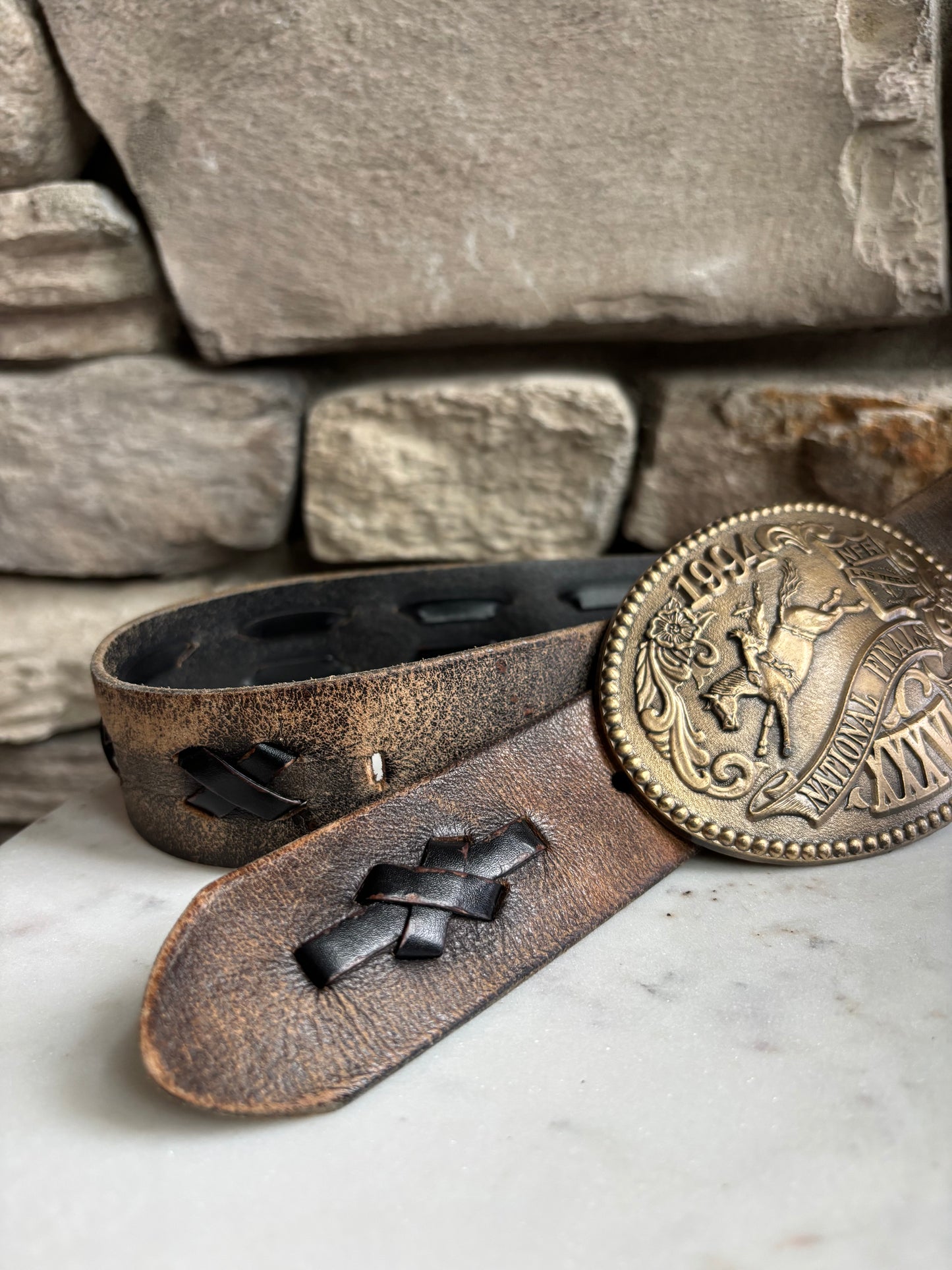 Distressed Leather Belt With Braided X Stitch