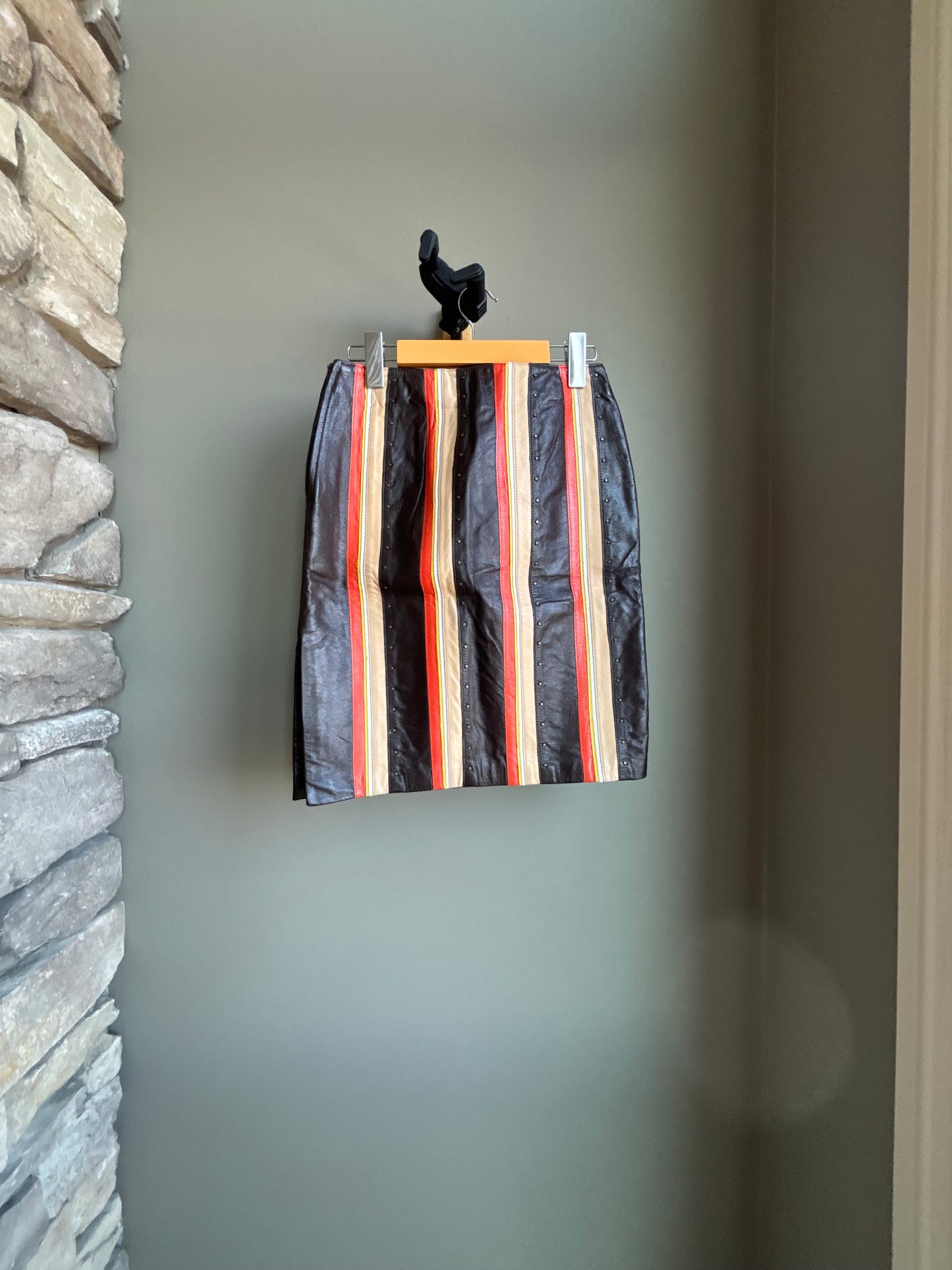 Vintage Mod Striped Leather Skirt with Brass Stud Detail—XS