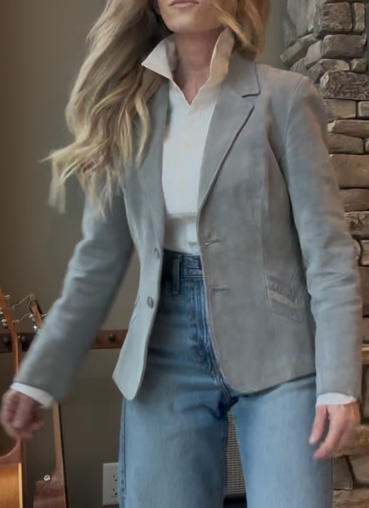 Vintage Canadian Blue Grey Suede Blazer – Chevron Detail Leather Attic