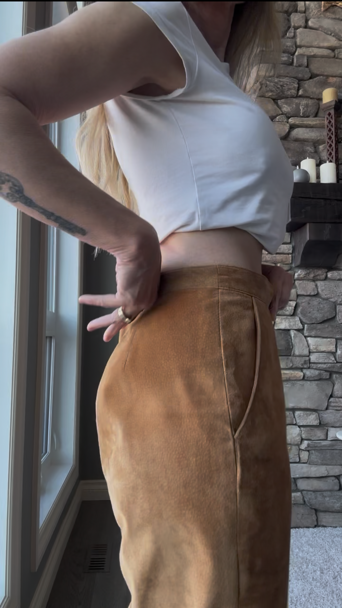 Suede Trouser Pants— Cognac Brown, Paneled Leg