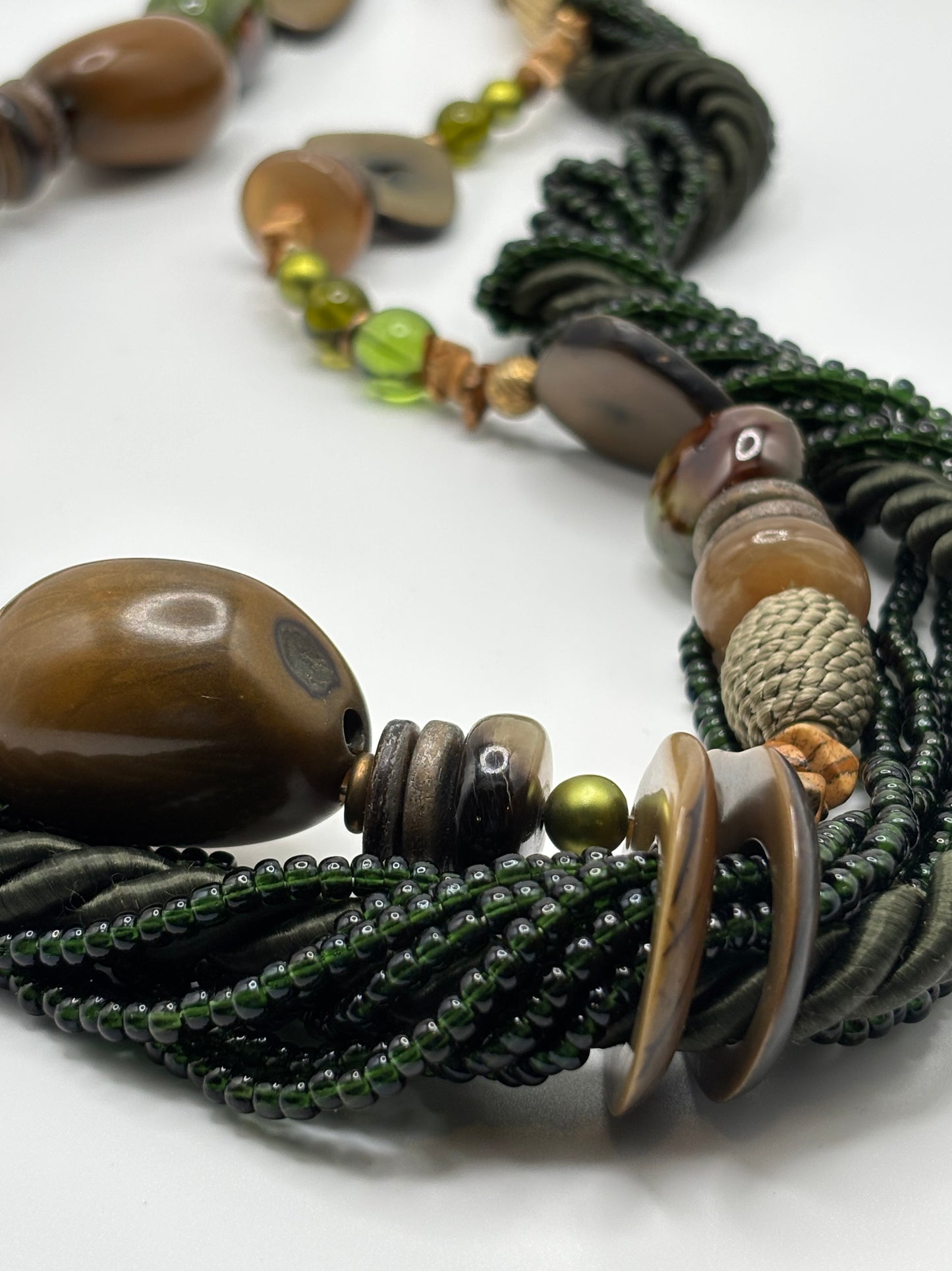 80’s Chunky Statement Necklace Jasper Green Glass Beads—Studio Artist