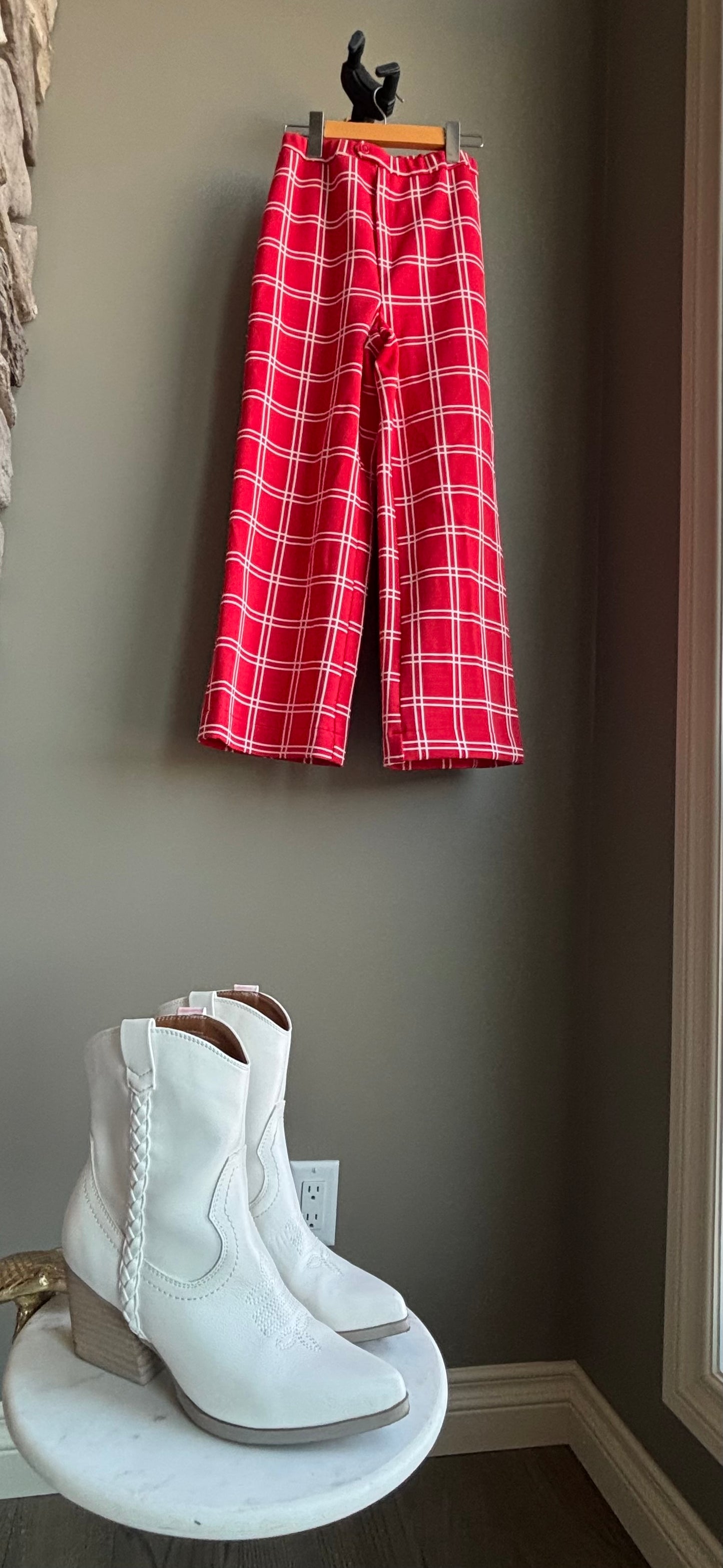 70s Cropped Trousers — Red Windowpane Plaid Checker Pants— S/XS