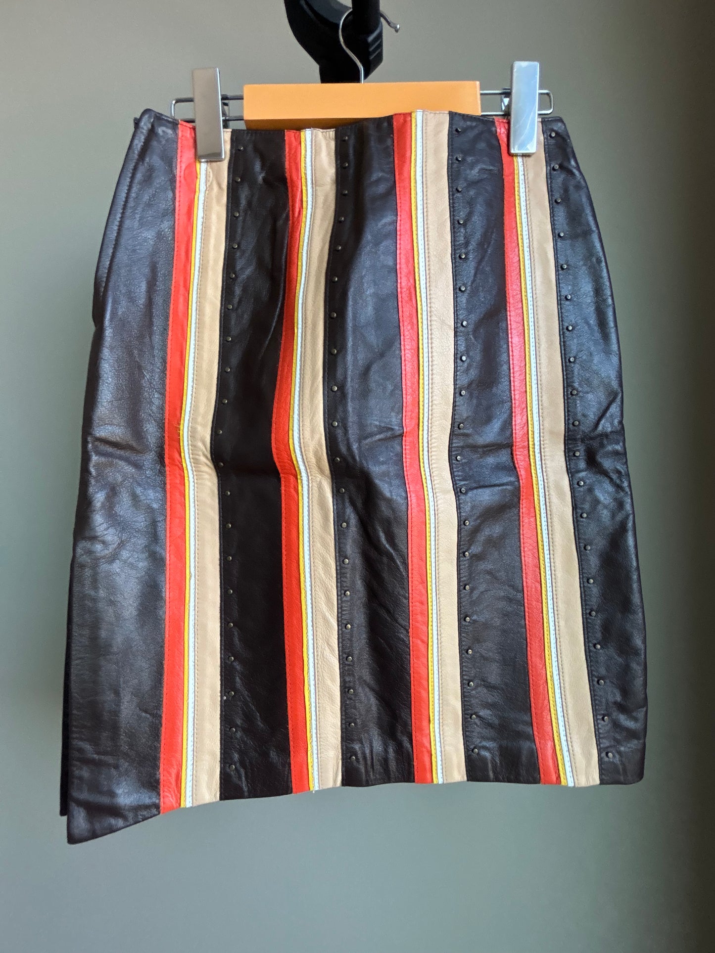 Vintage Mod Striped Leather Skirt with Brass Stud Detail—XS