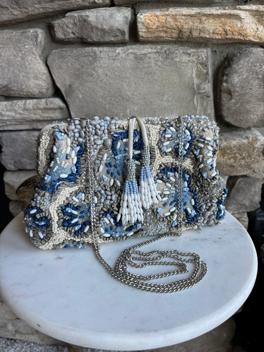 Beaded & Sequinned Clutch Bag with Chain Strap – Blue & Ivory Jaw Close