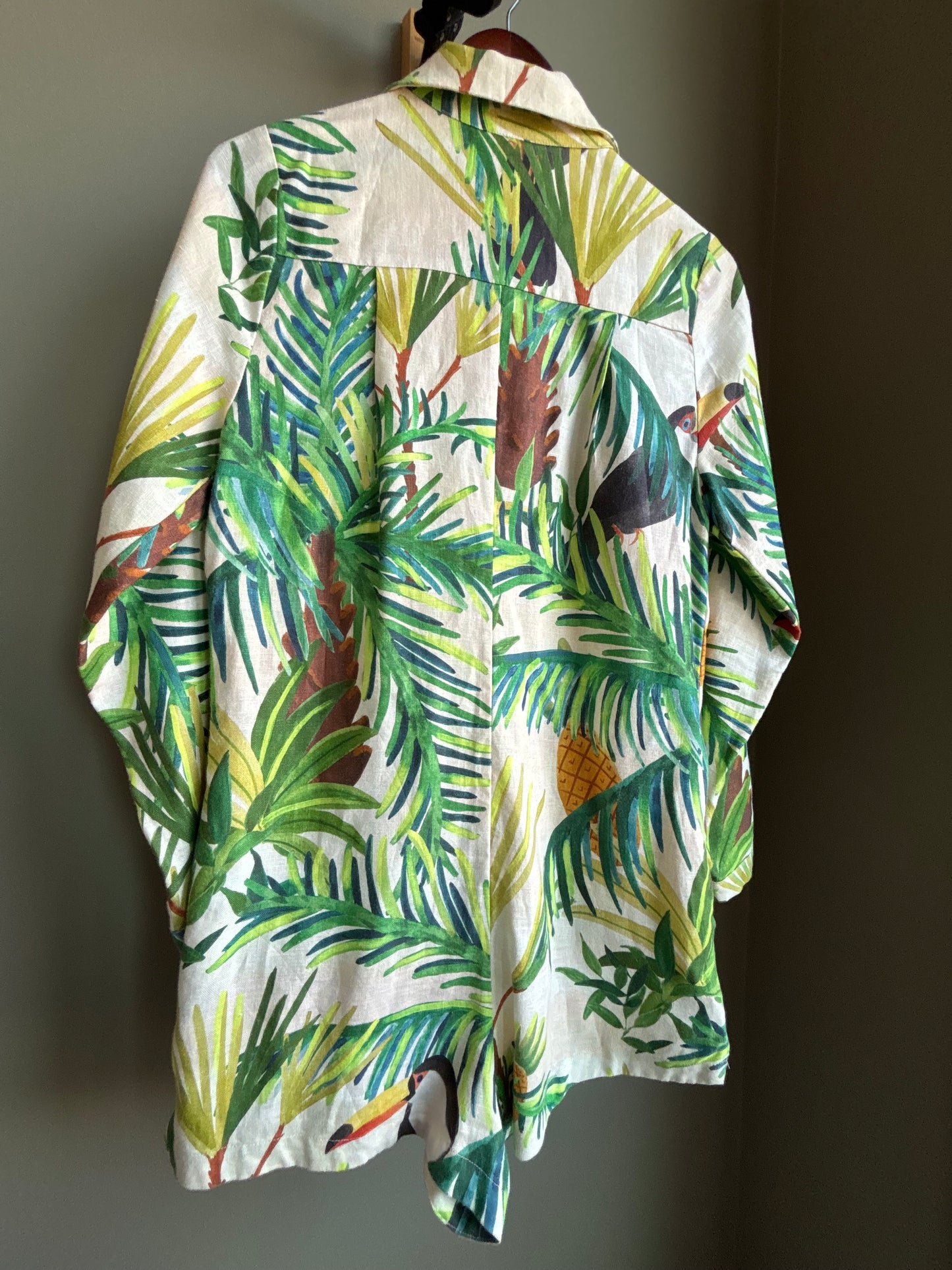 Farm Rio Linen Romper — Tropical Toucan Print, Shirt Dress Silhouette, XS