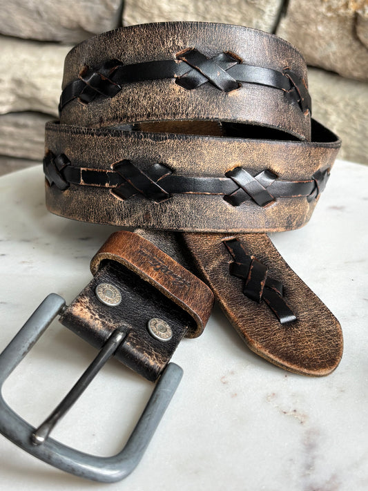Distressed Leather Belt With Braided X Stitch