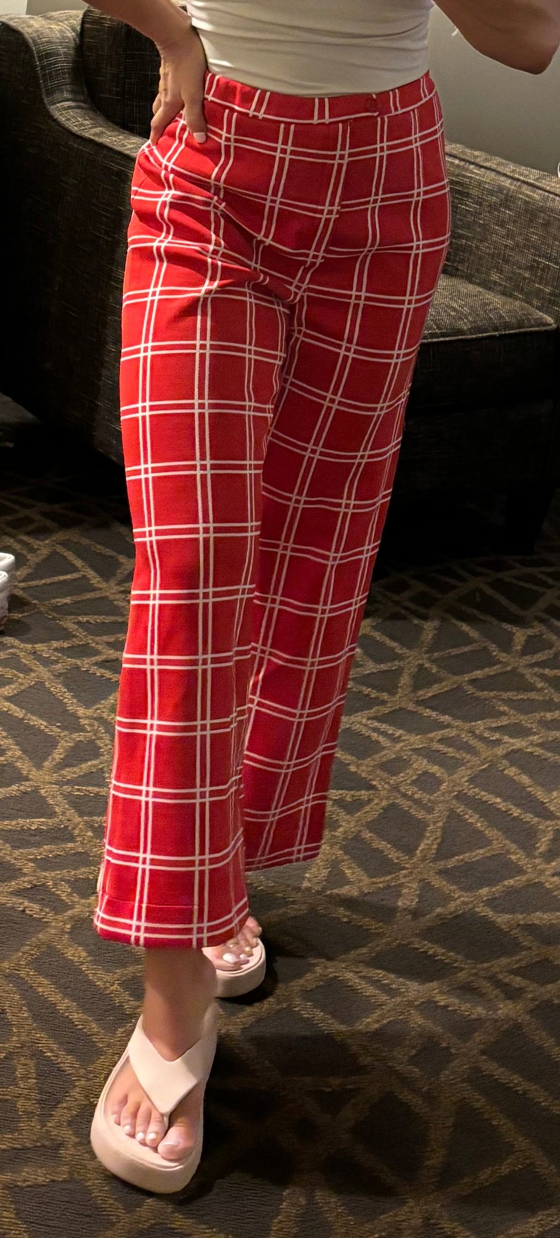 70s Cropped Trousers — Red Windowpane Plaid Checker Pants— S/XS