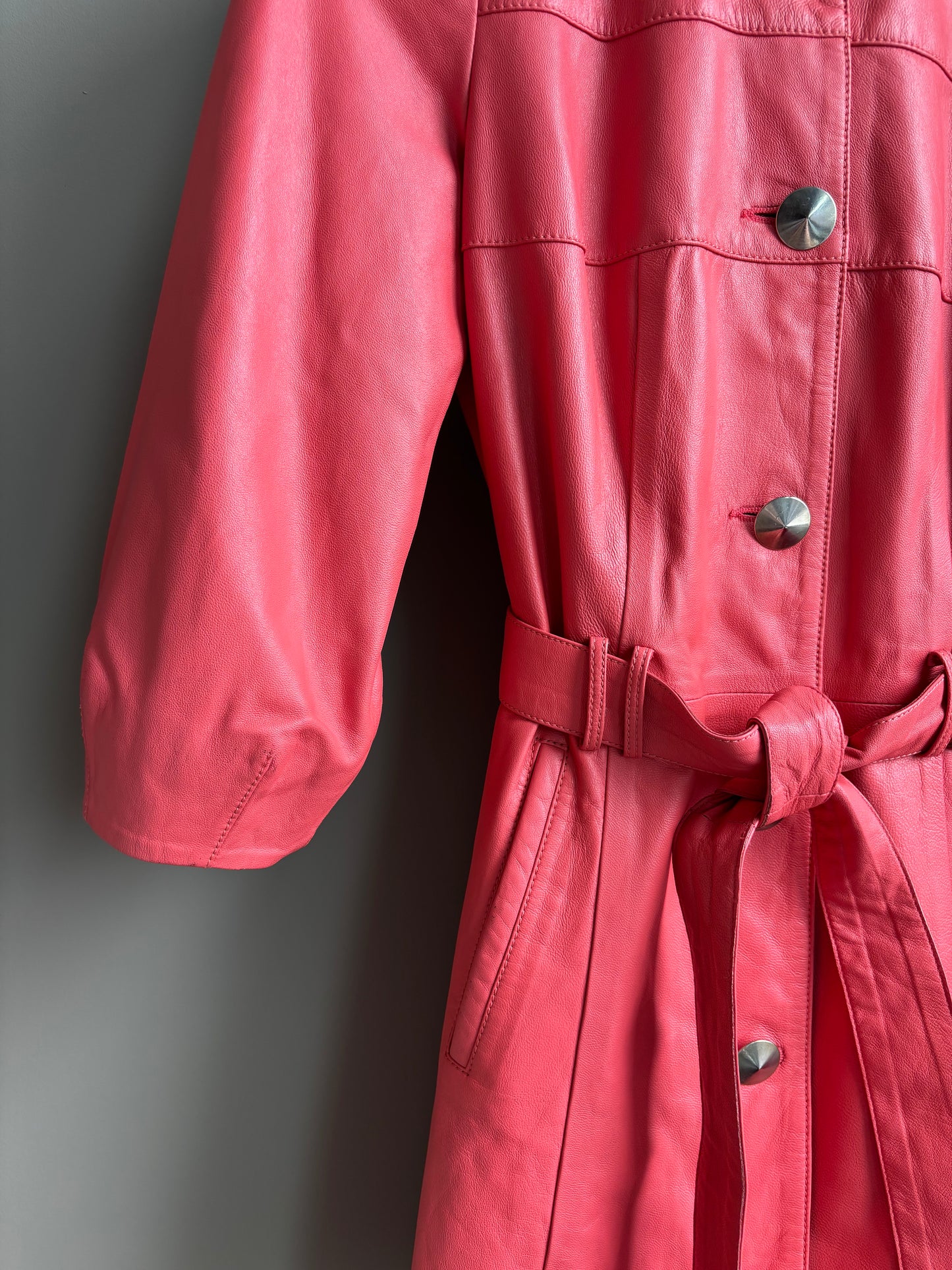 Vintage Ramses Leather Dress Coat—Flamingo Pink, Belted—M
