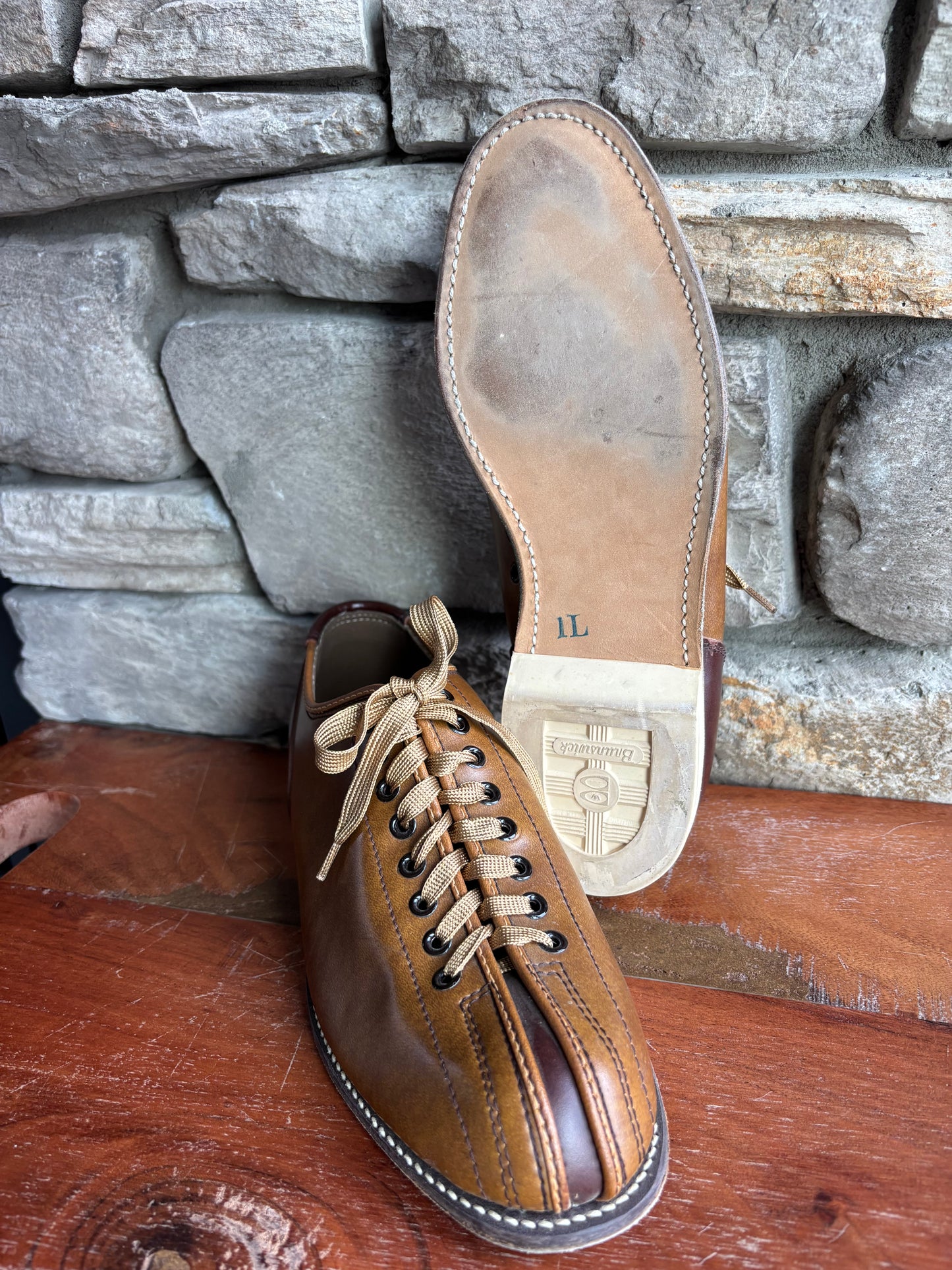 Vintage Brunswick Bowling Shoes — Two-Tone Cognac & Espresso, Split Toe, Size 9 menswear
