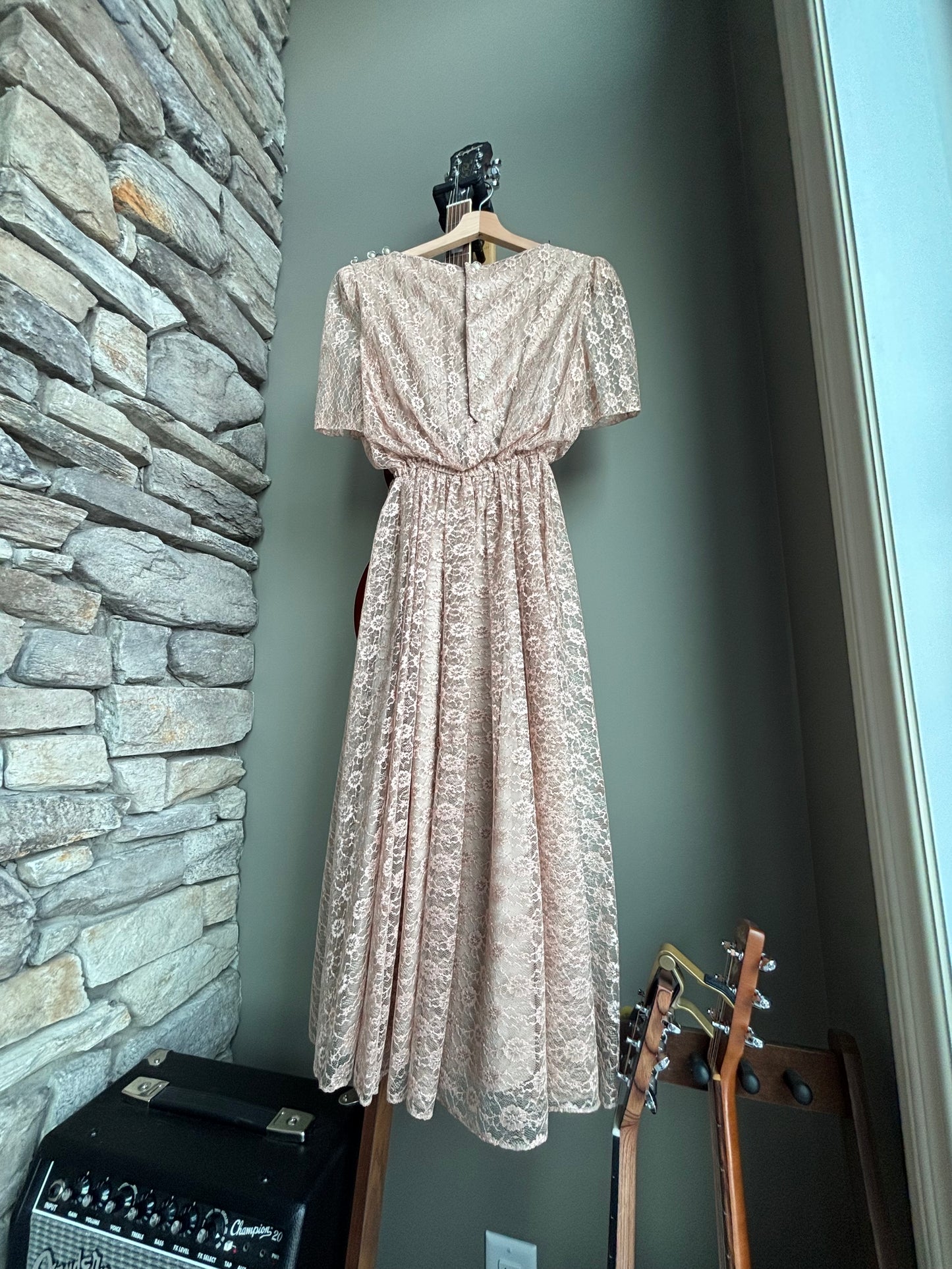 Vintage Lace Dress — Soft Blush Heirloom Bridal, Puff Sleeve Fit & Flare