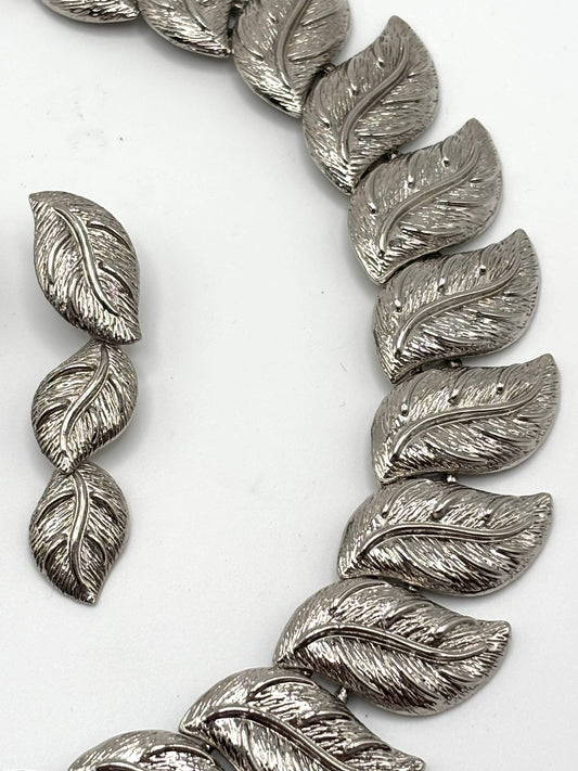 Vintage Botanical Leaf Statement Necklace & Earrings — 3 Pce Set