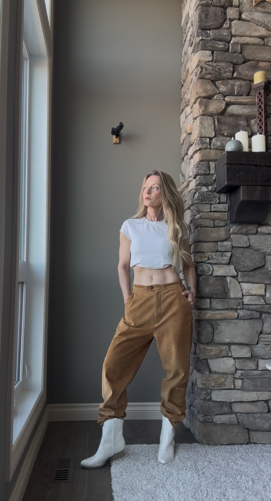 Suede Trouser Pants— Cognac Brown, Paneled Leg