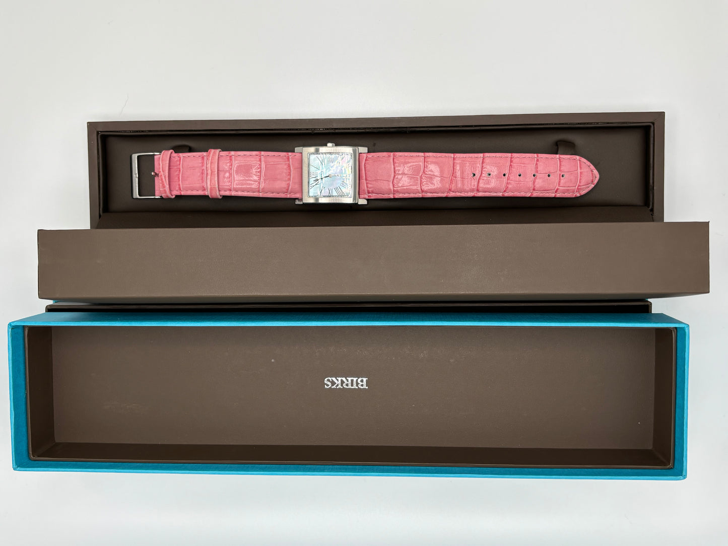 Henry Birks & Sons Square Mother-of-Pearl Dial Wrist Watch With Box – Pink Leather Alligator Print Strap