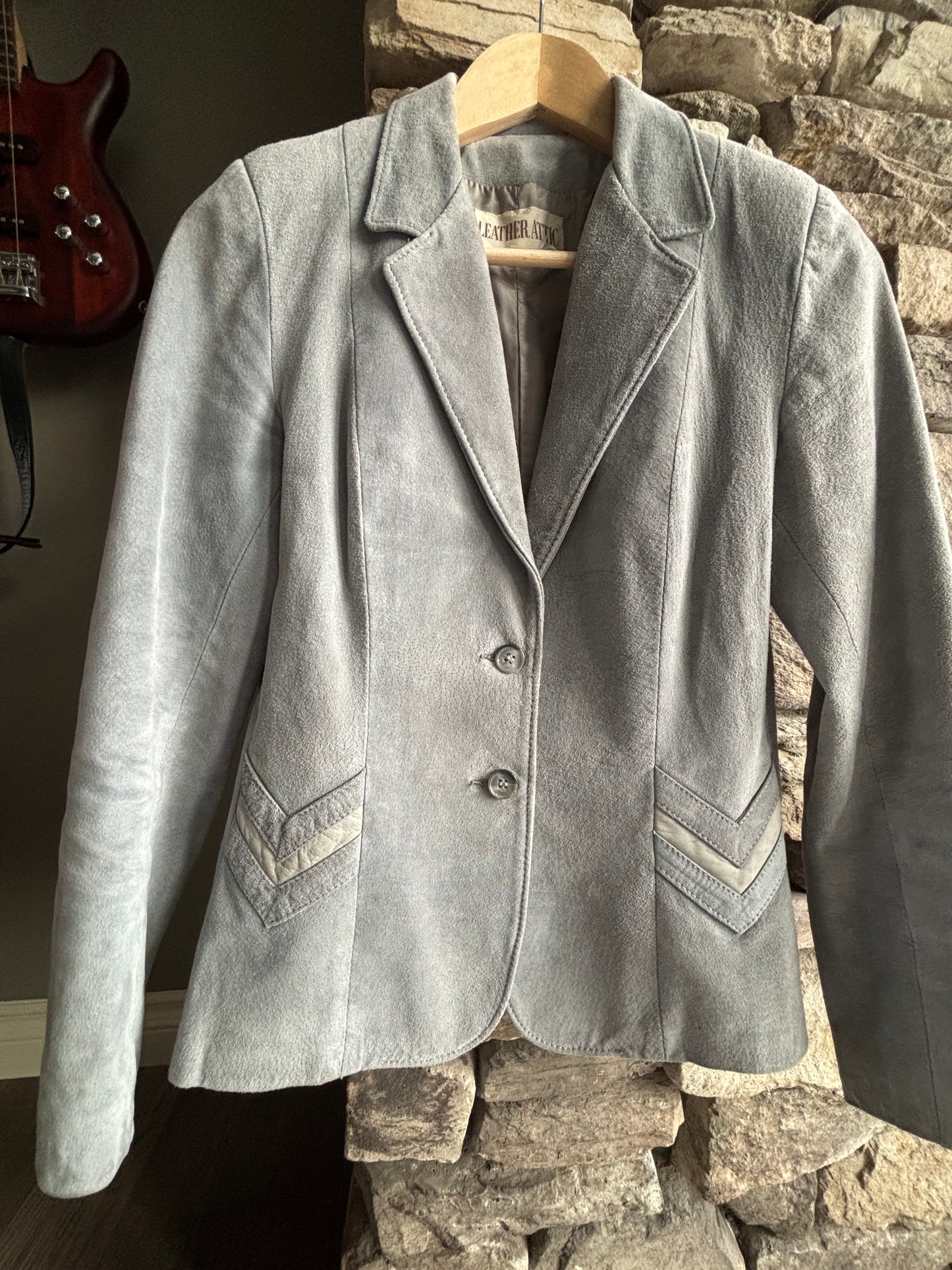 Vintage Canadian Blue Grey Suede Blazer – Chevron Detail Leather Attic
