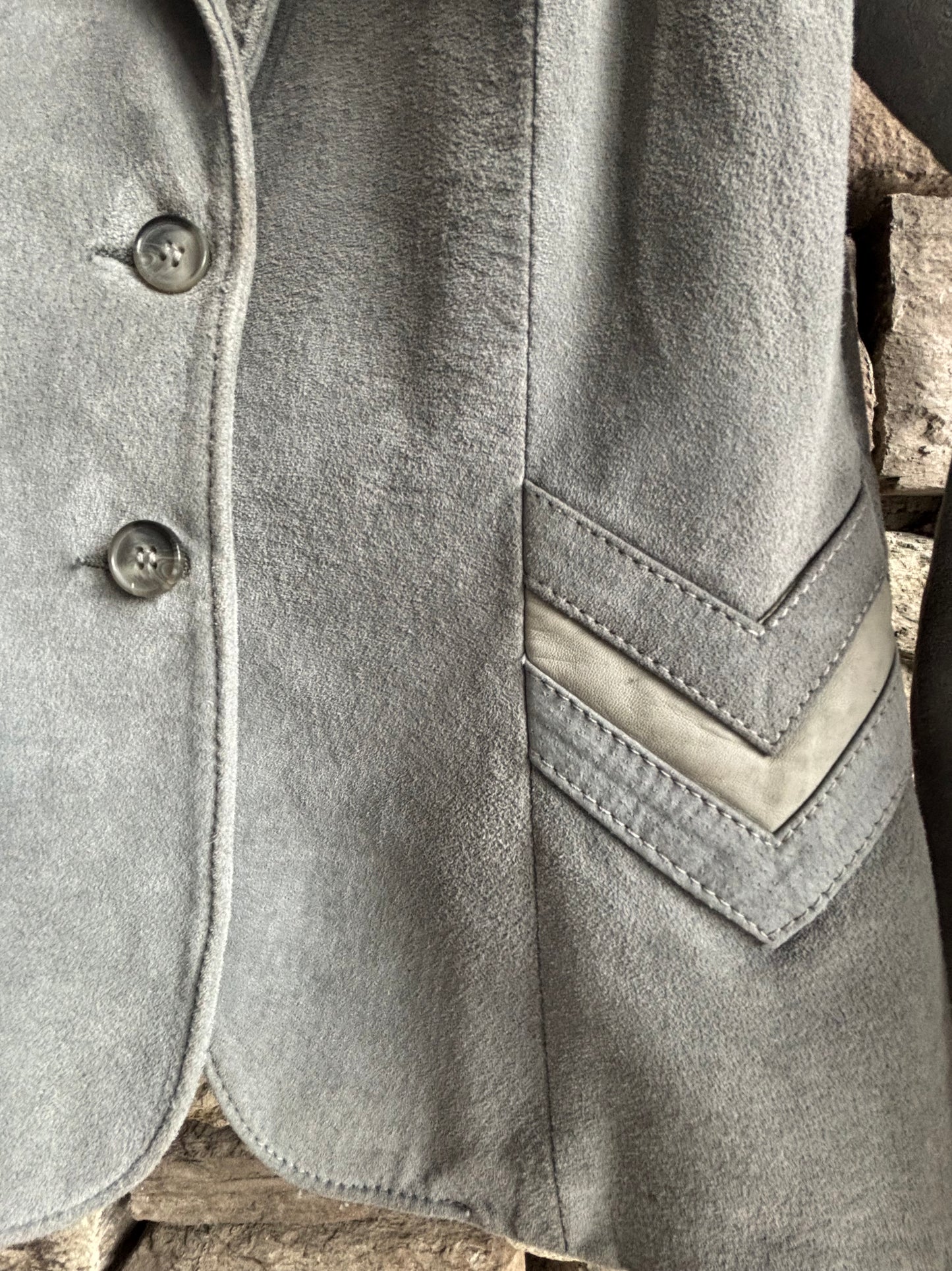 Vintage Canadian Blue Grey Suede Blazer – Chevron Detail Leather Attic
