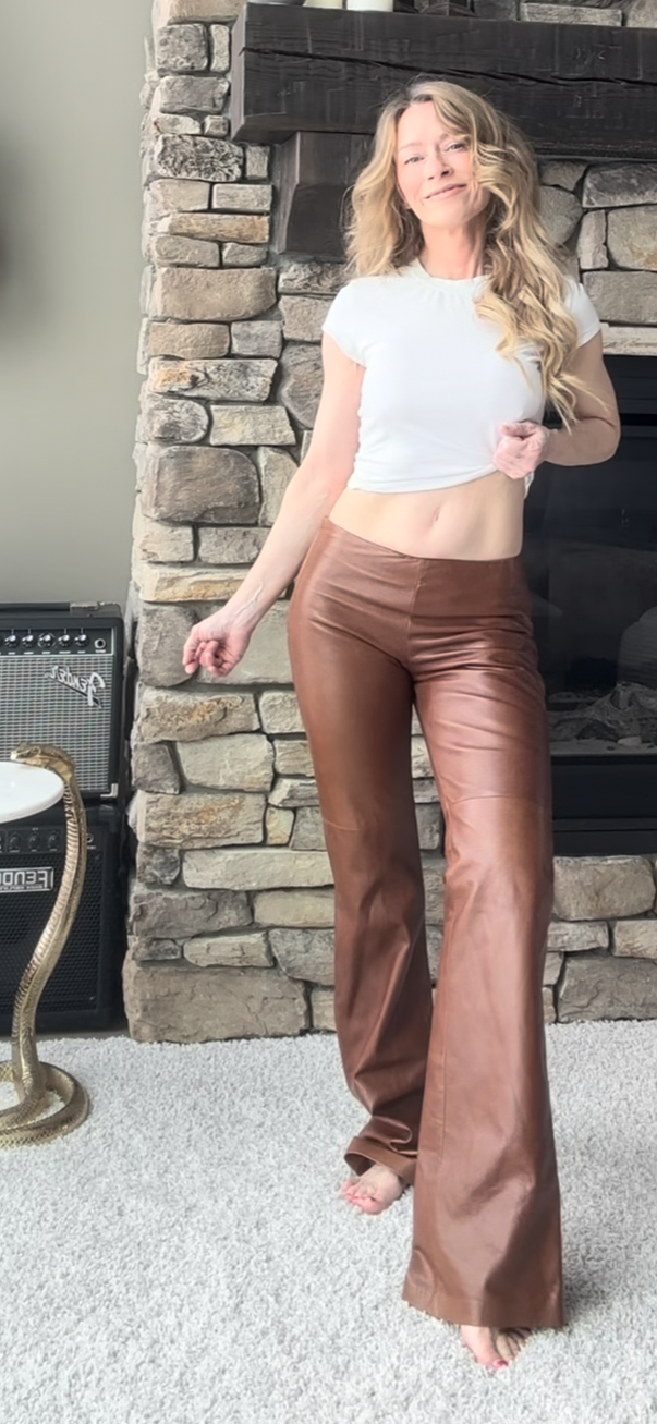 Vintage Cognac Brown Leather BootCut Pants