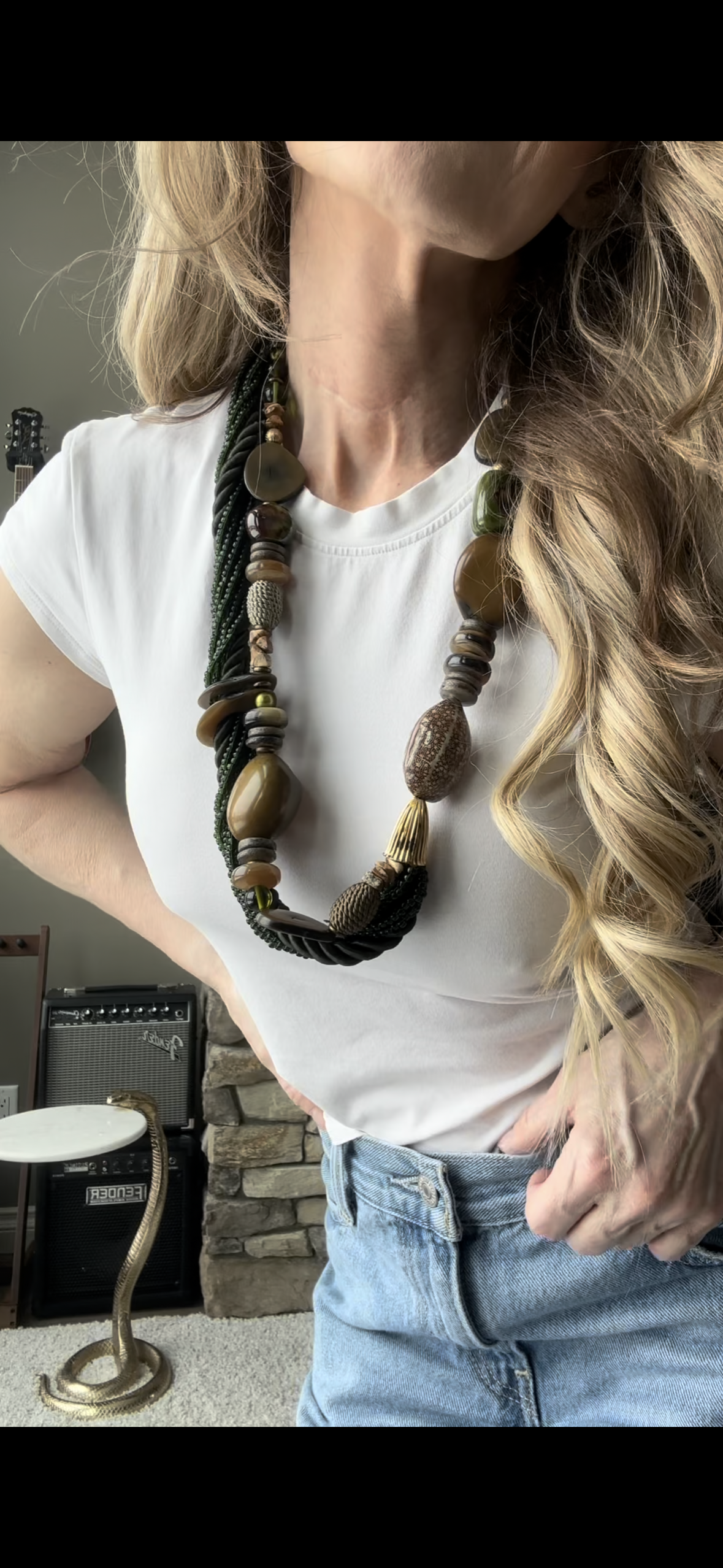 80’s Chunky Statement Necklace Jasper Green Glass Beads—Studio Artist