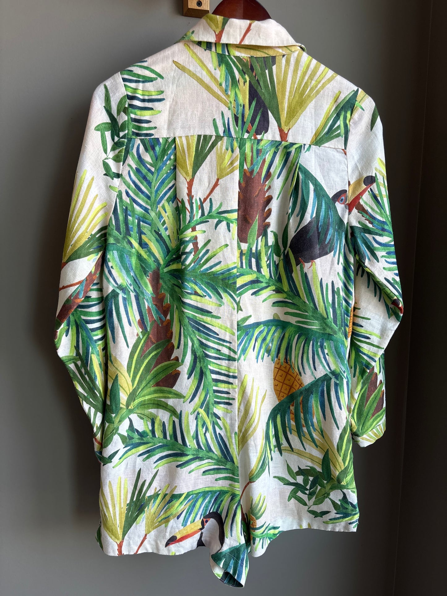 Farm Rio Linen Romper — Tropical Toucan Print, Shirt Dress Silhouette, XS